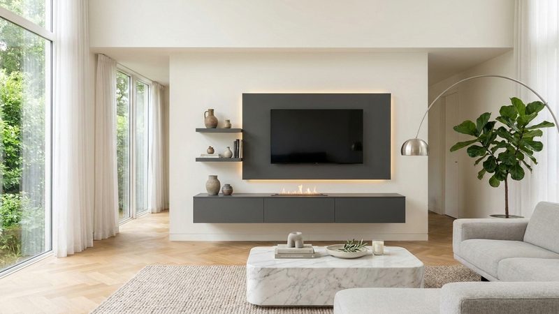 Dasselbe Wohnzimmer mit bodentiefen Fenstern: vorher ein kleines TV-Regal mit altem Fernseher, nachher die hängende Wohnwand C108 mit beleuchtetem TV-Paneel, E-Kamin und Wandregalen