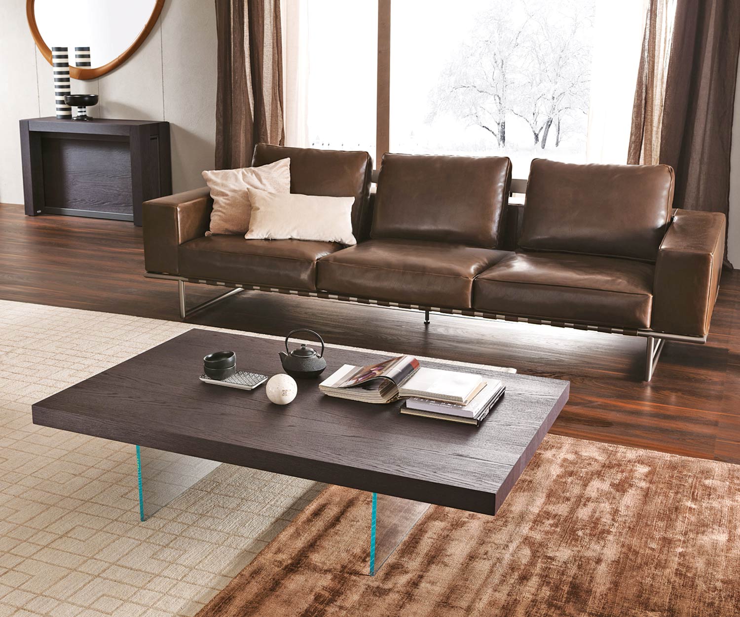 table basse design chêne brun pied en verre flottantAL2