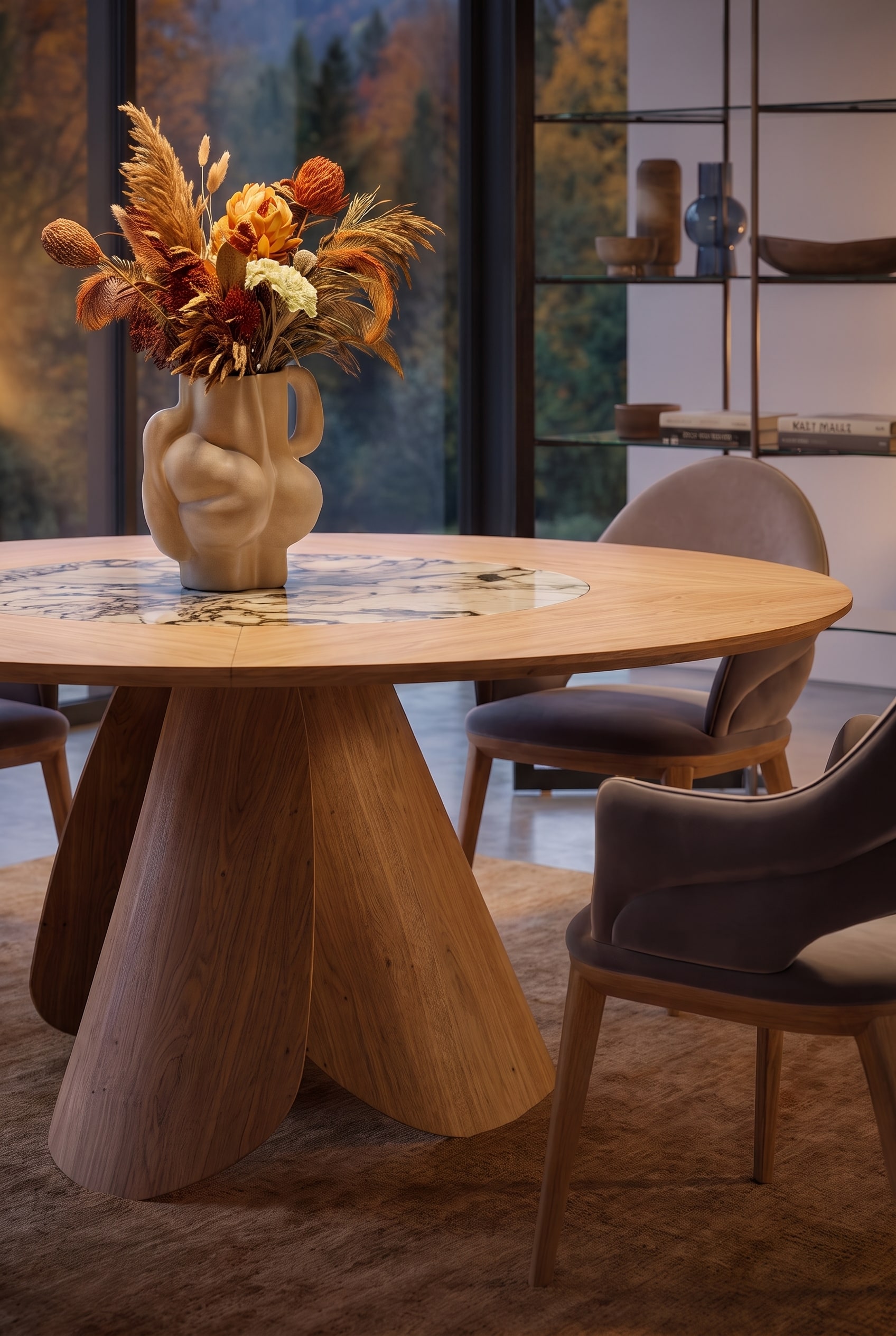 Table à manger design ronde avec un plateau en céramique pivotant et un élégant encadrement en bois