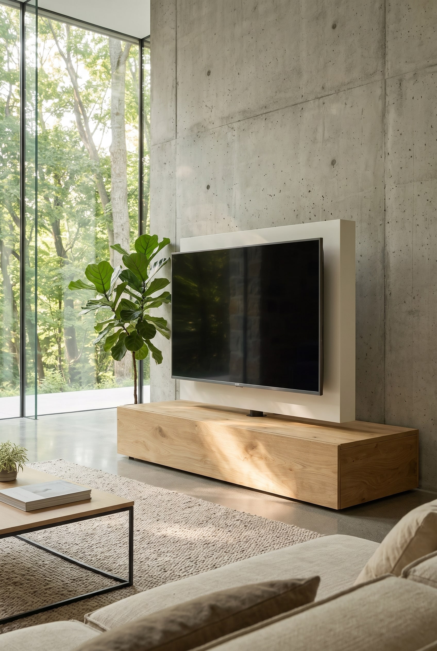 Un meuble TV bas Livitalia Roto clair en bois de frêne comme élégant séparateur de pièce avec un panneau TV pivotant autoportant dans un salon moderne et puriste.