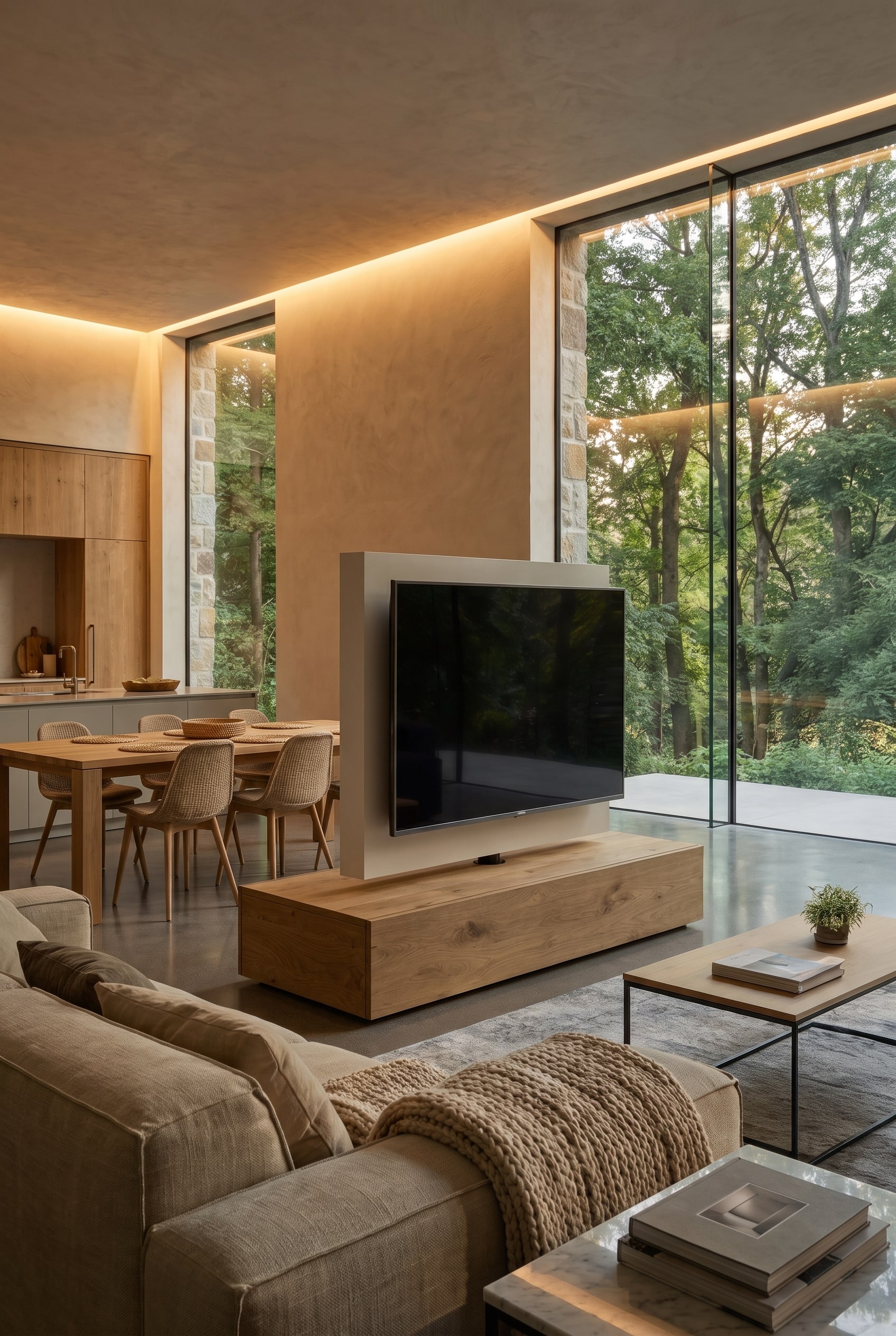 Salon moderne avec le Livitalia Roto Lowboard et le s&eacute;parateur de pi&egrave;ce TV, qui sert de meuble d'ancrage central pour diff&eacute;rents styles d'am&eacute;nagement int&eacute;rieur.