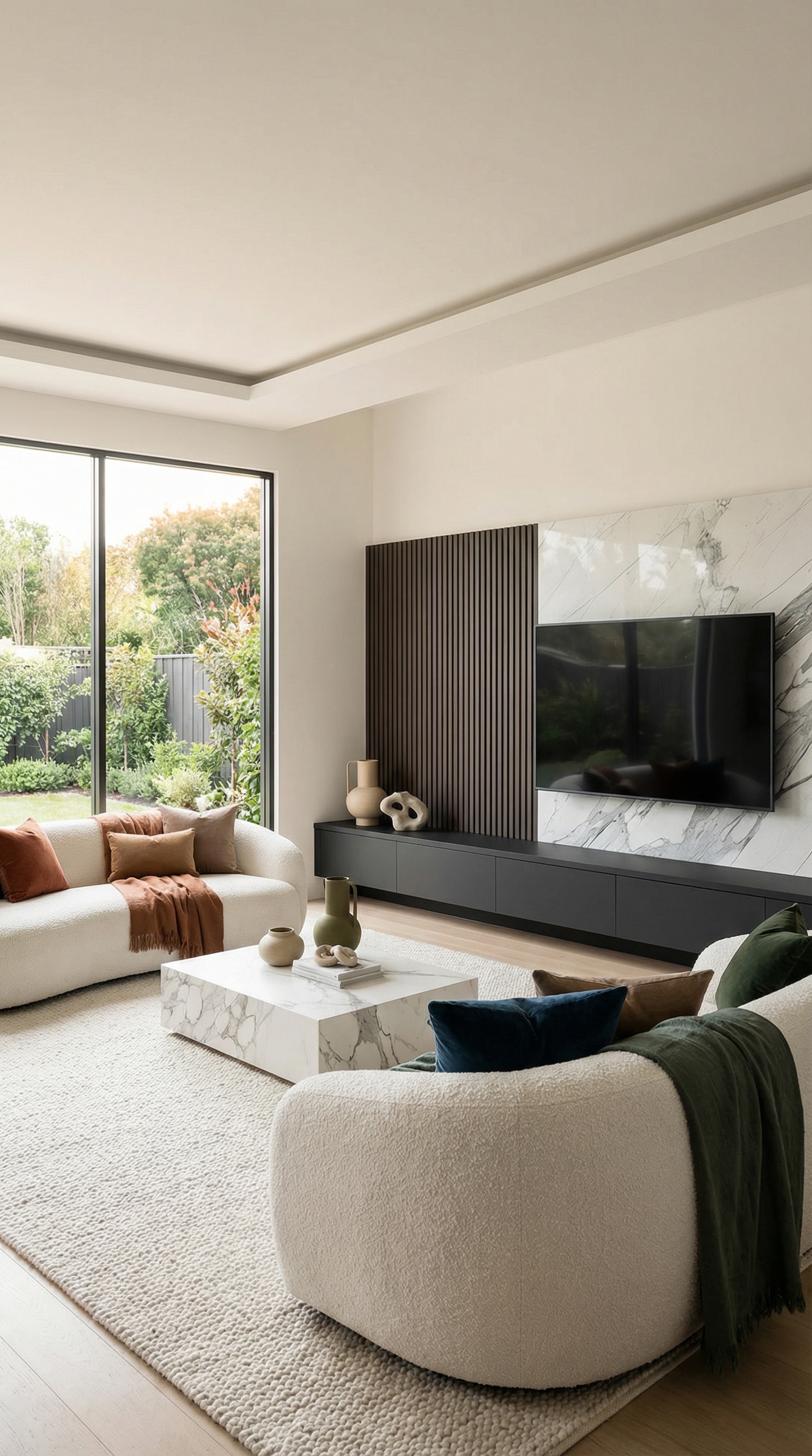 Helle Wohnwand mit Marmorpaneel in minimalistischem weißen Wohnzimmer Helle Wohnwand mit Marmorpaneel in minimalistischem weißen Wohnzimmer