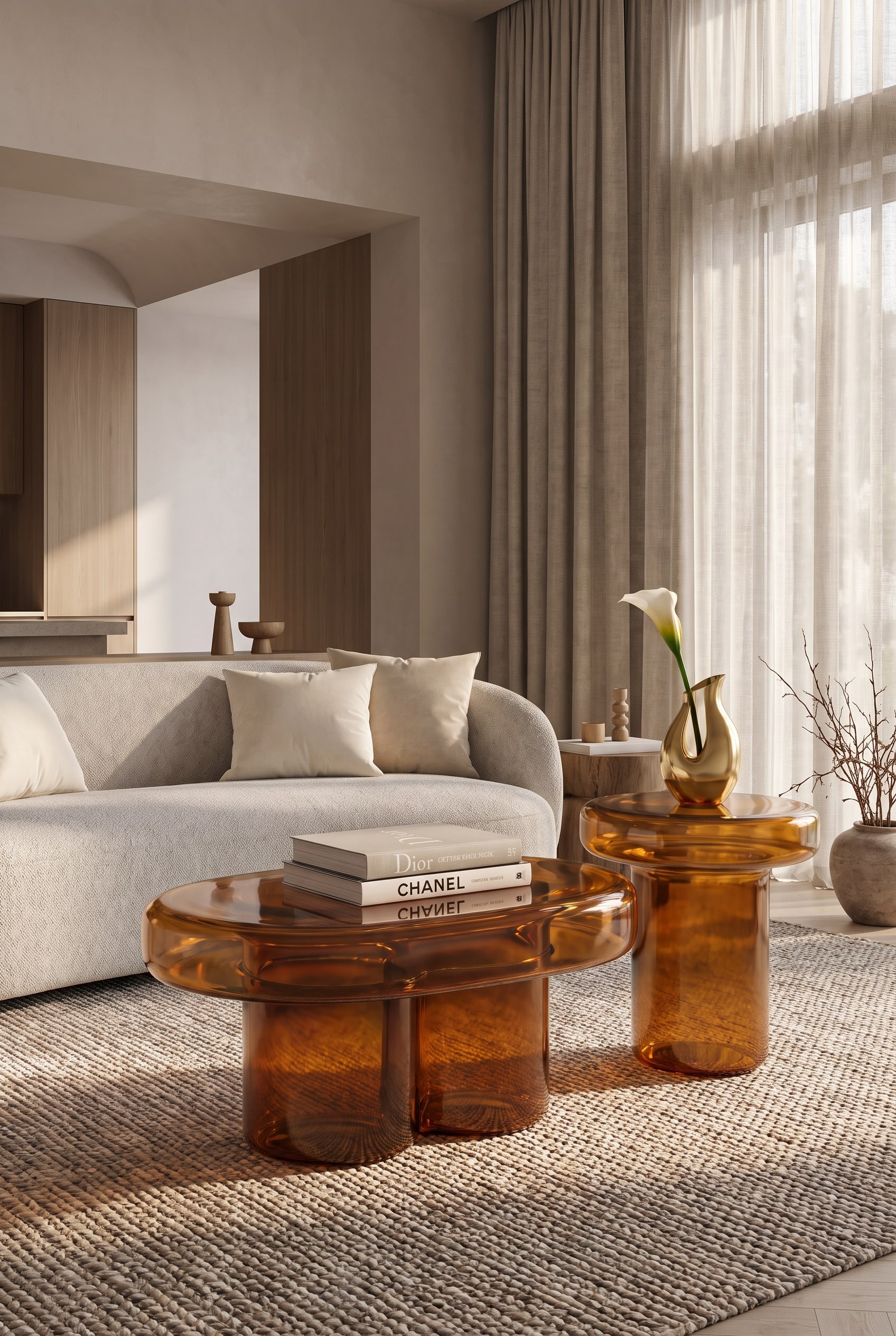 Wohnzimmer mit einem ovalen Couchtisch aus bernsteinfarbenem Glas und einem hellen, abgerundeten Sofa