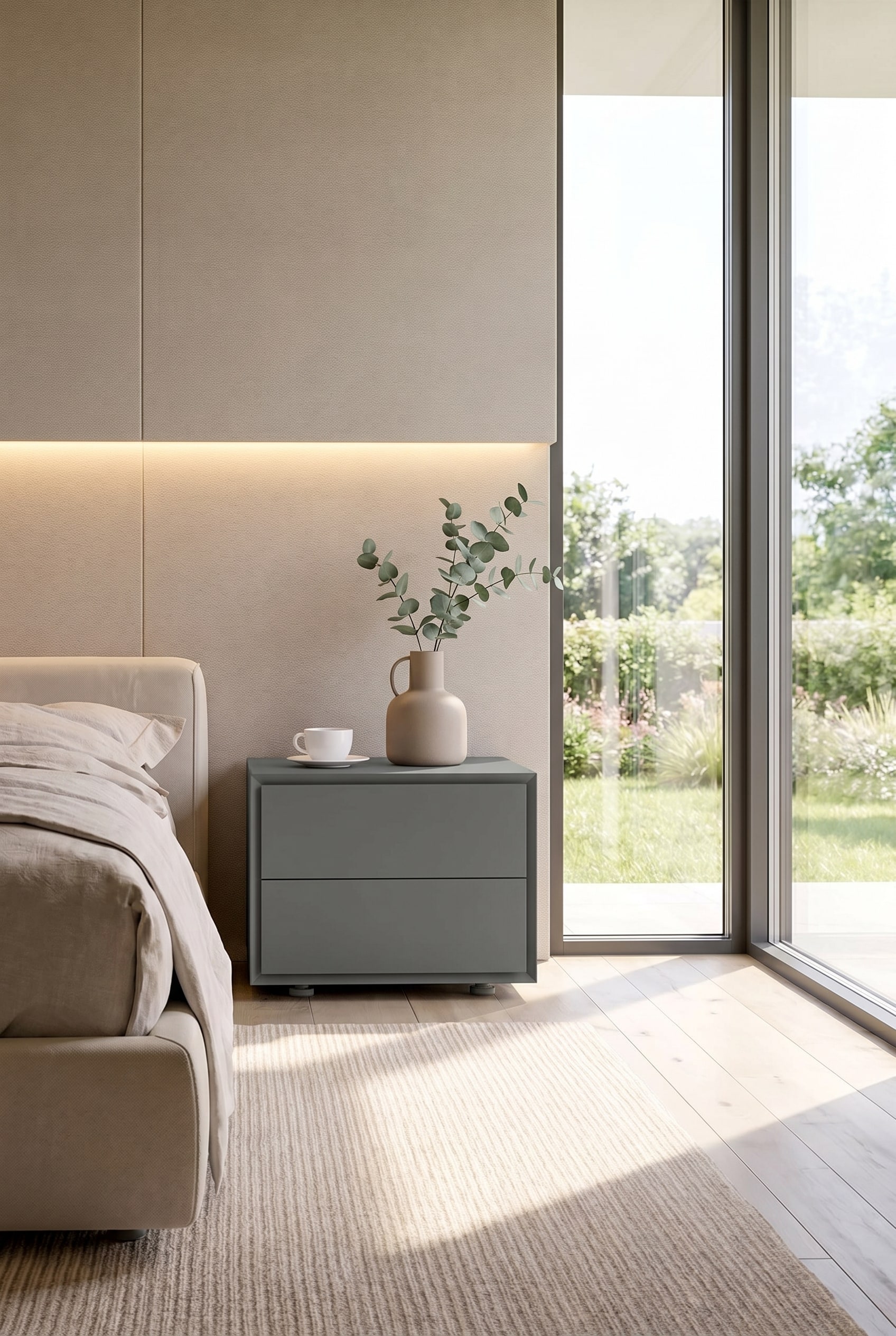 Chambre minimaliste avec une table de chevet grise anguleuse, sur laquelle se trouve un vase design, avec éclairage mural indirect