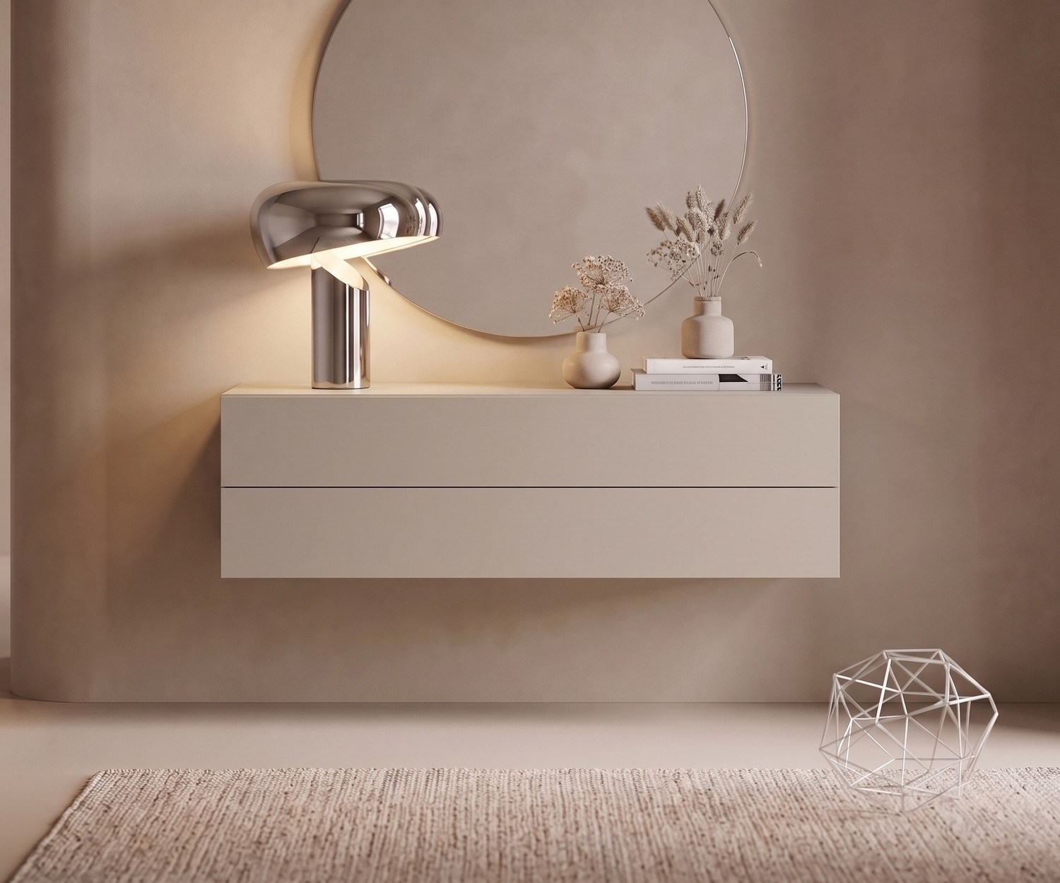 Novamobili Hängekommode Easy in Sandbeige Hängekommode Novamobili Easy im Flur als schwebendes Sideboard in Sandbeige, für modernen Stauraum mit zwei Schubladen.