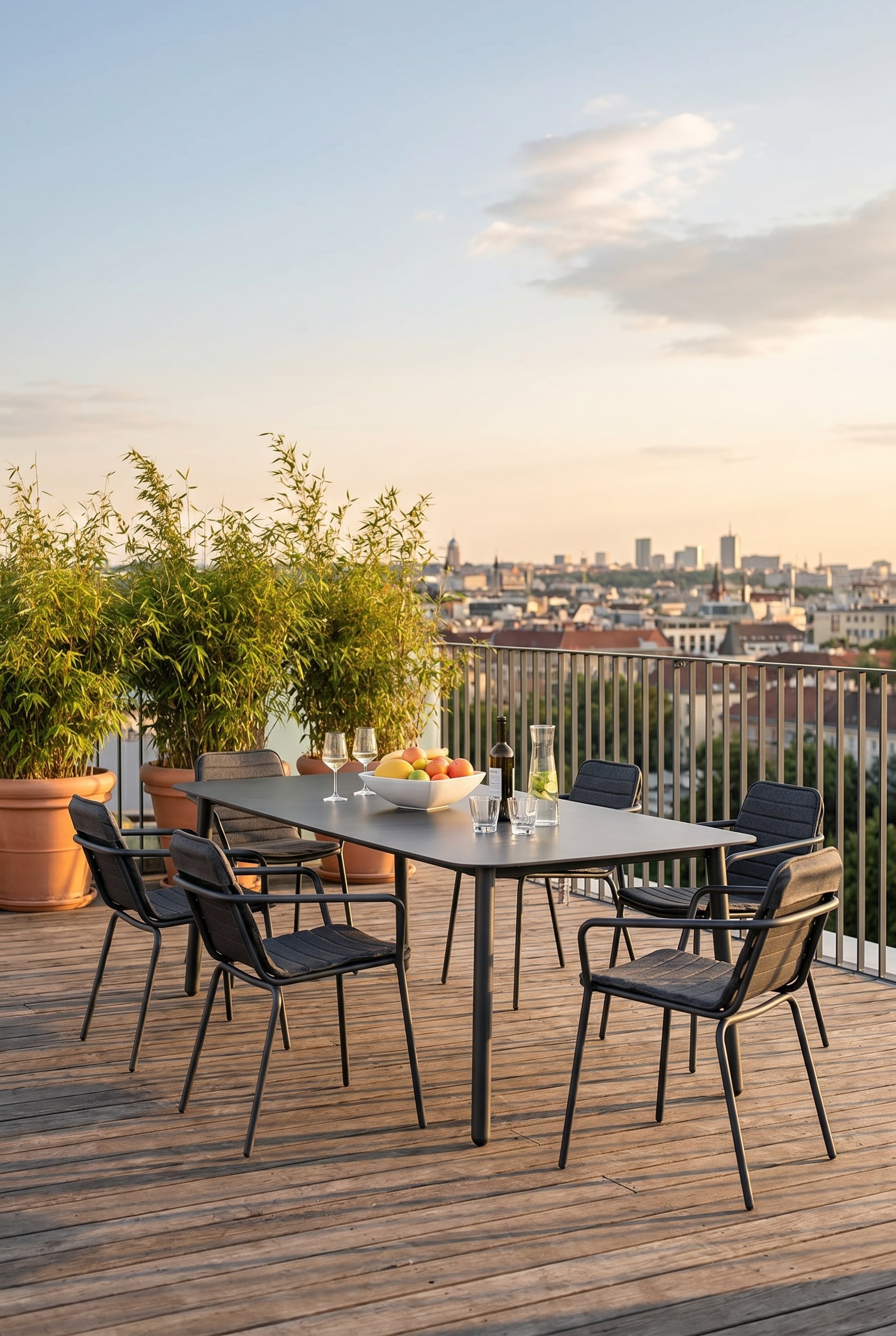 Terrasse sur le toit au coucher du soleil avec une table à manger minimaliste gris foncé et des chaises à accoudoirs en acier inoxydable largement espacées