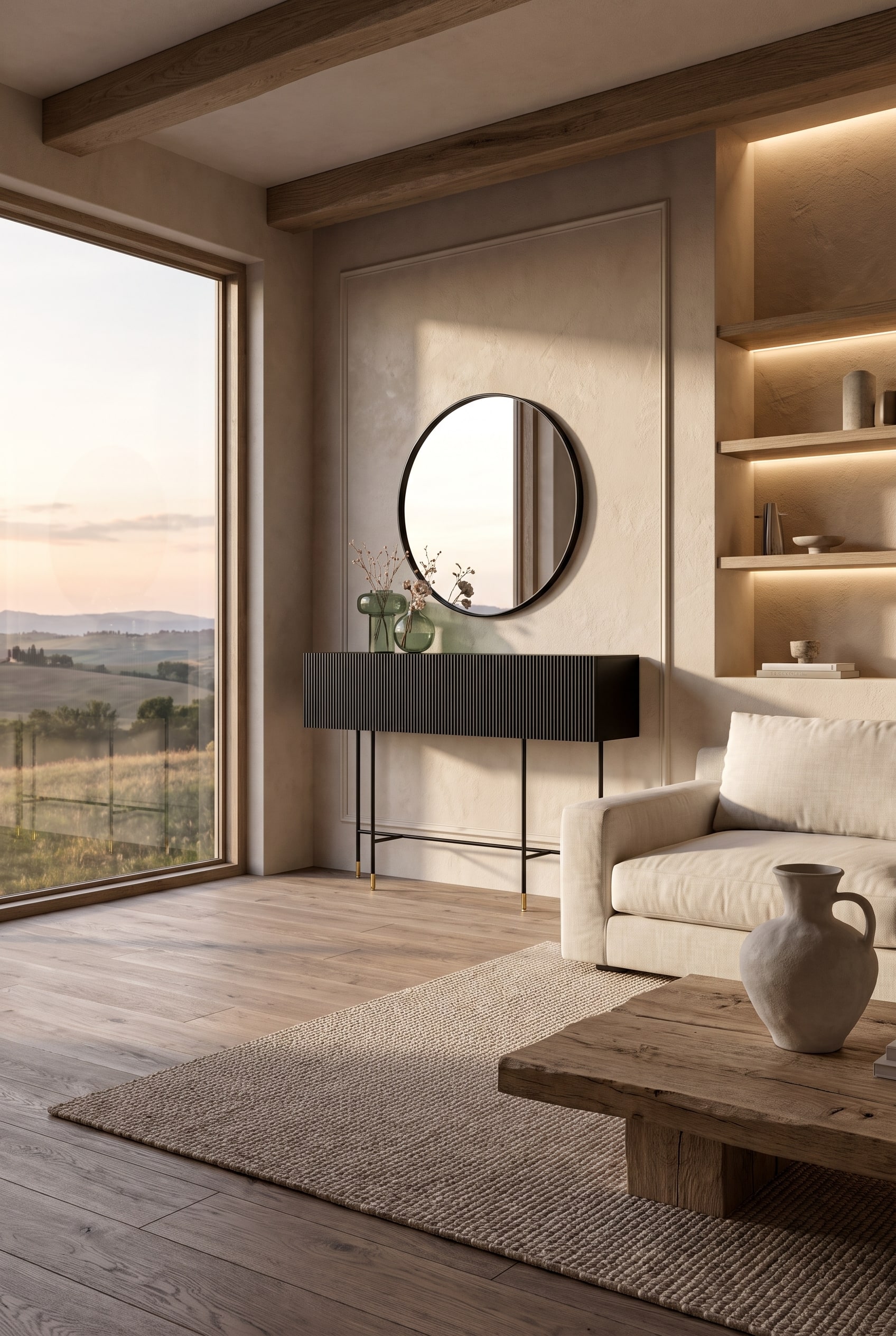 Modernes Landhaus-Wohnzimmer mit Design-Sideboard Modernes Landhaus-Wohnzimmer mit Design-Sideboard