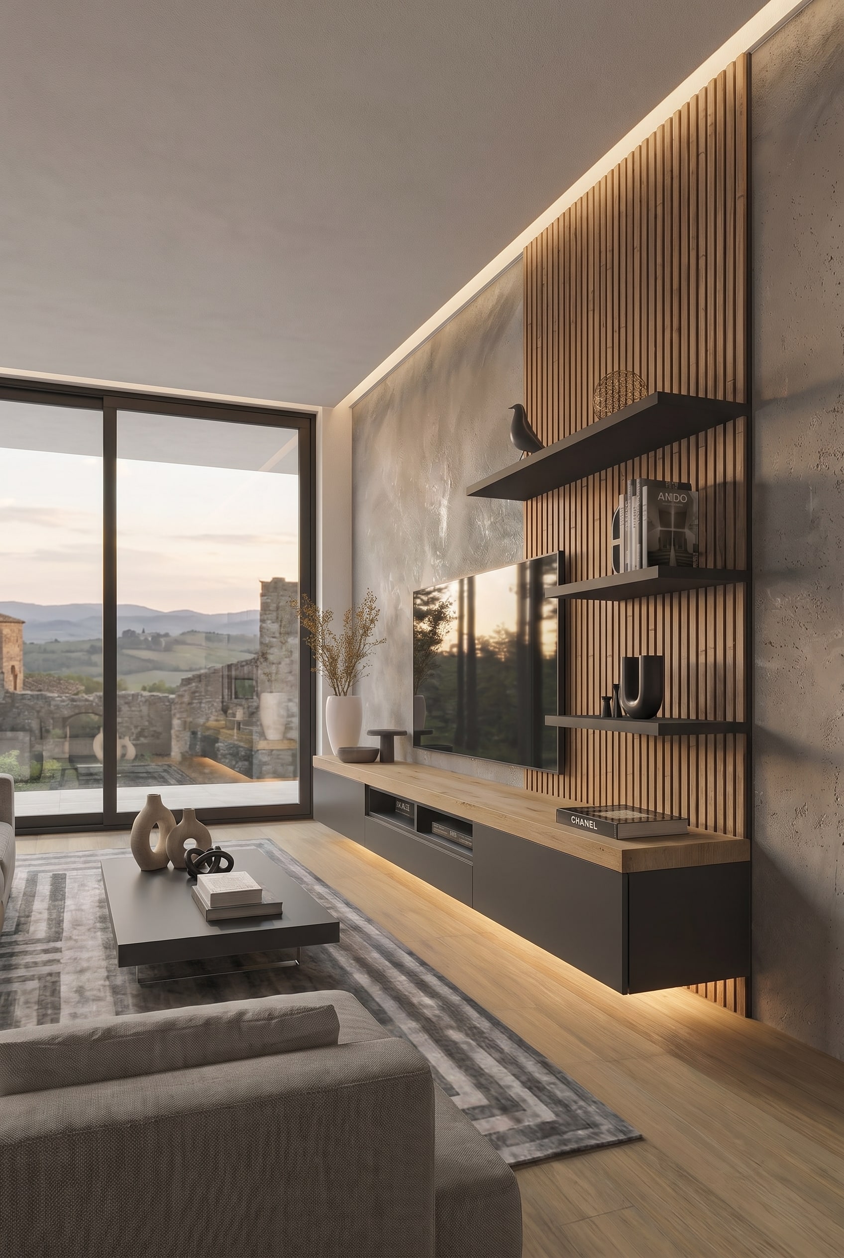 Le meuble TV Livitalia C101 mont&eacute; en suspension, ce qui agrandit visuellement l'espace