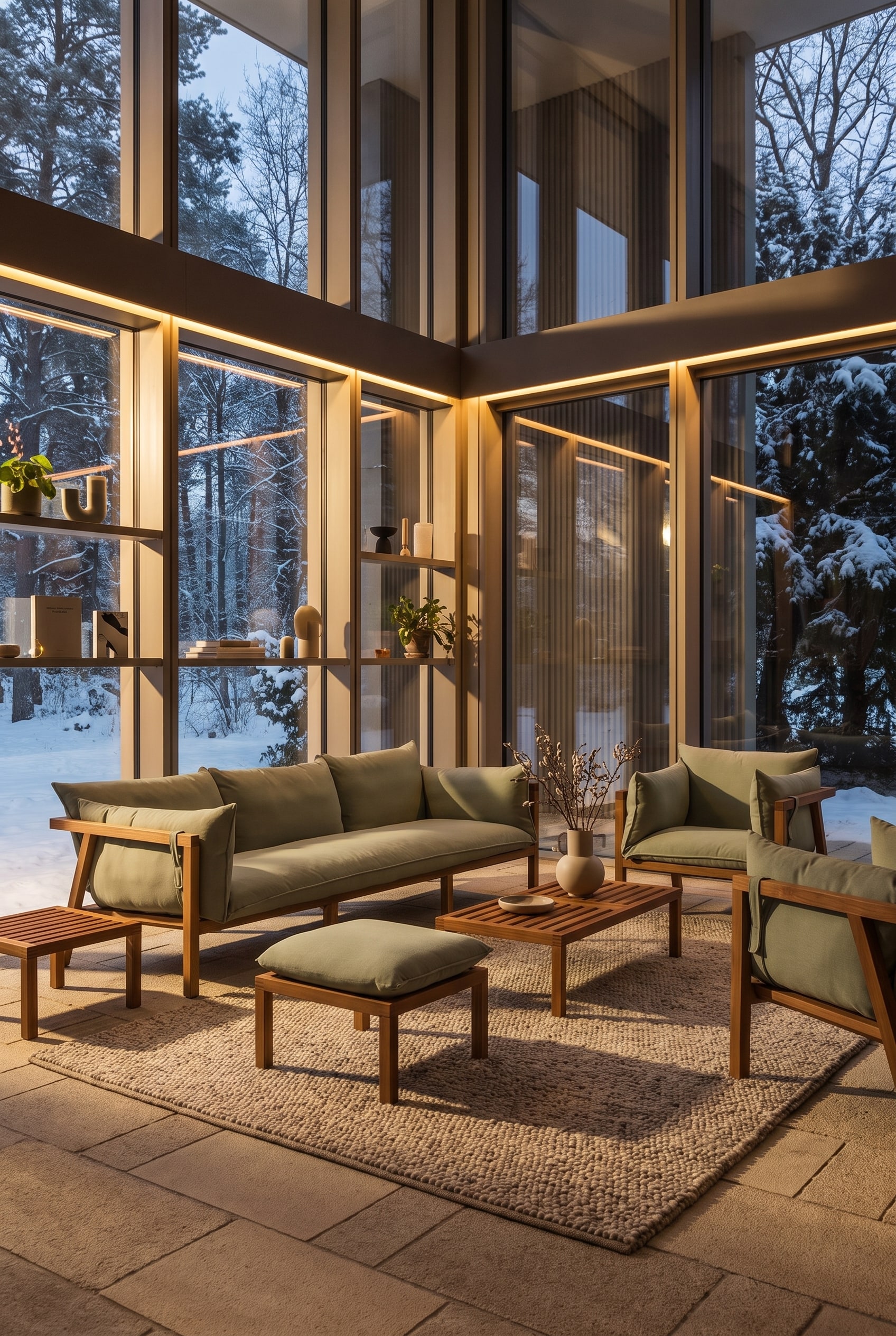 Ensemble lounge de haute qualit&eacute; en teck massif avec coussins vert clair dans un jardin d'hiver. De chauds rayons de soleil tombent sur le grain de bois vivant.