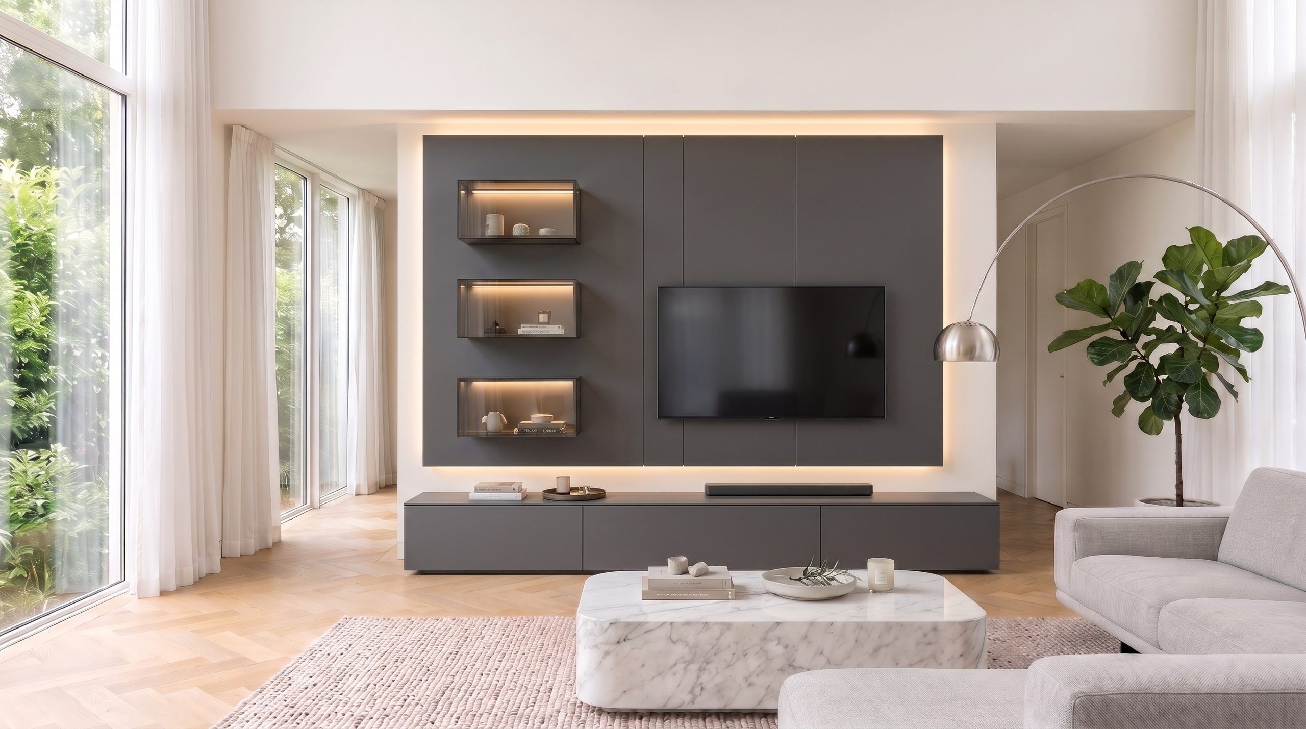 Meuble TV mural Livitalia C100 en gris fonc&eacute; avec panneaux suspendus, trois &eacute;tag&egrave;res en verre &eacute;clair&eacute;es et meuble bas au sol dans le salon lumineux