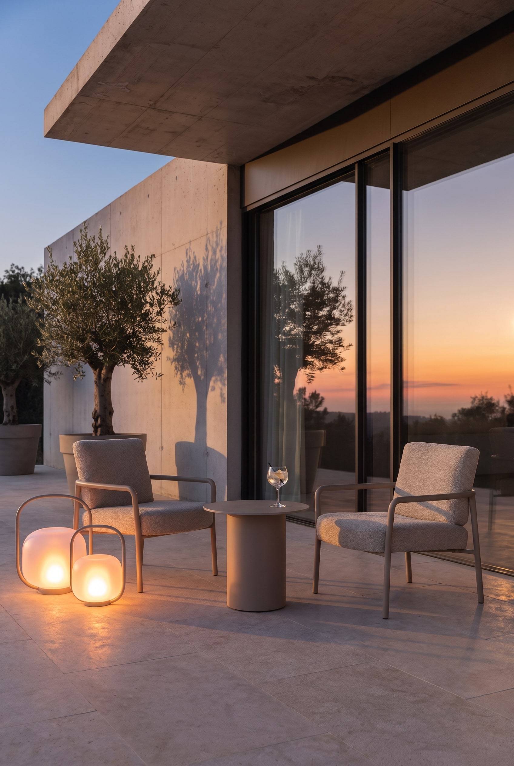Vaste terrasse en pierre au coucher du soleil avec un fauteuil d'ext&eacute;rieur beige &agrave; la structure filigrane et une table d'appoint minimaliste