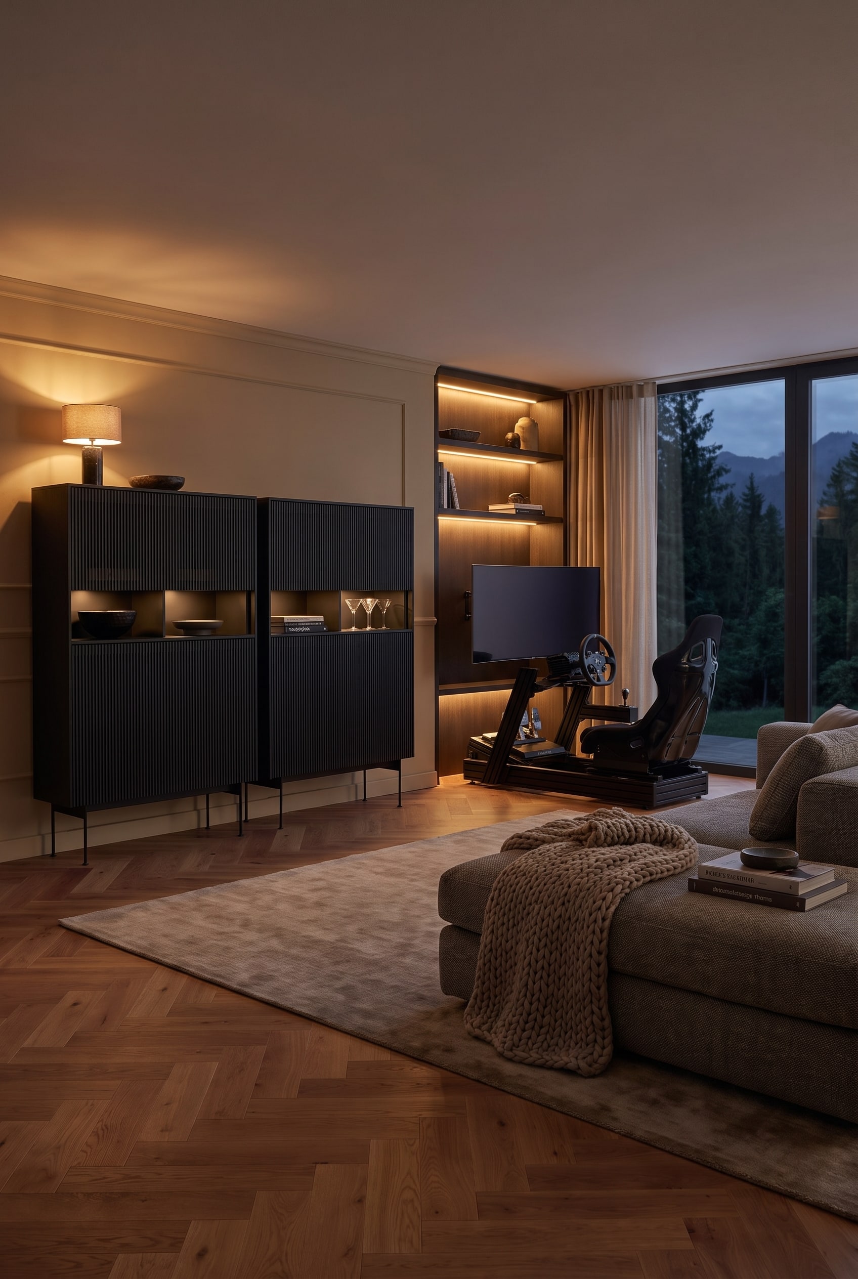 Un highboard haut, &eacute;l&eacute;gamment cannel&eacute; en bois de noyer, dont les portes ferm&eacute;es offrent un espace de rangement massif pour le mat&eacute;riel de jeu encombrant.