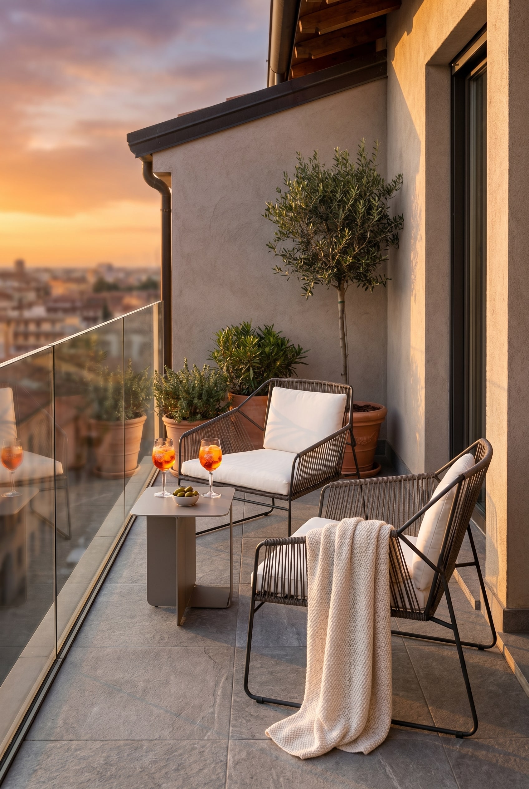 Moderner Balkon mit einem grauen Sessel aus Edelstahl und Schnurgeflecht mit wei&szlig;em Sitzkissen vor einem Glasgel&auml;nder