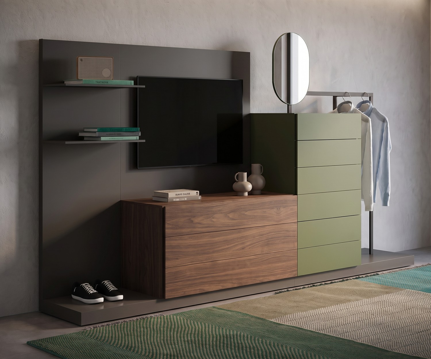 Novamobili Easy 9 Kommode mit Garderobe und TV-Paneel im Flur. Modulares System aus Holz und Olivgrün im modernen Design.