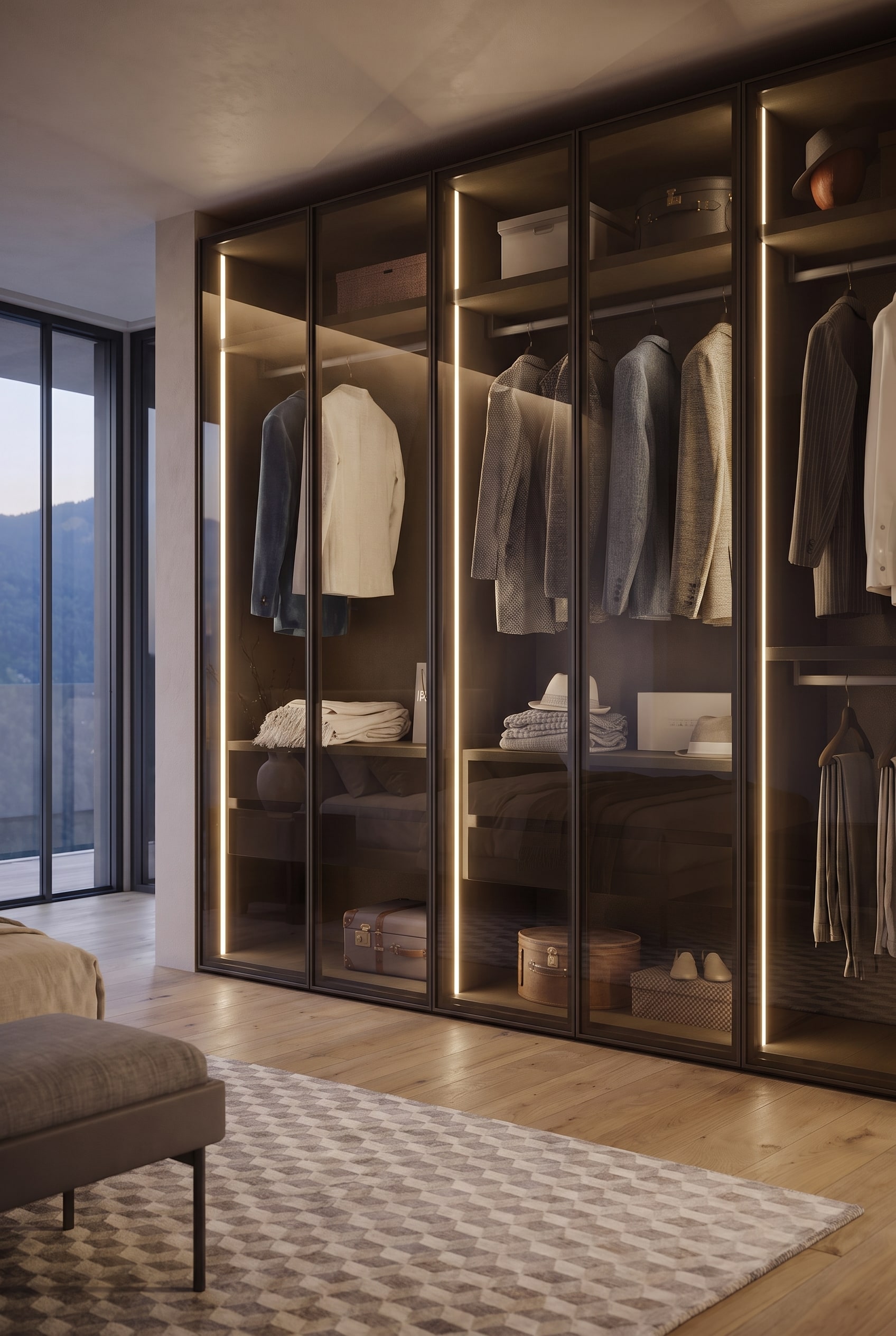 Garderobe hinter getöntem Glas, beleuchtet durch vertikale, warmweiße LED-Leisten im Novamobili Perry System.