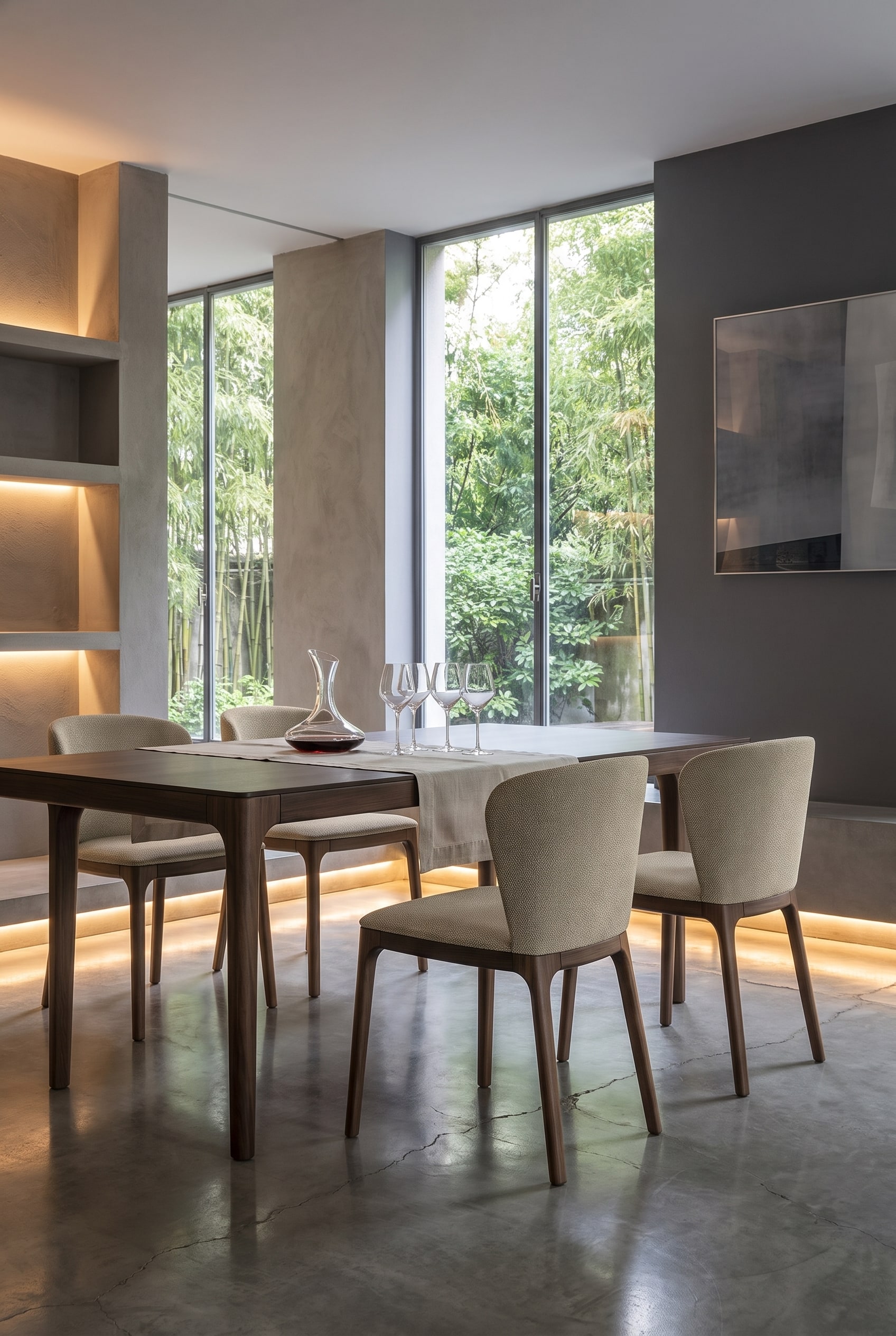 Modernes Esszimmer mit einem großzügigen Holztisch und gepolsterten dunkelblauen Novamobili Navy Stühlen, die Lounge-Charakter vermitteln.