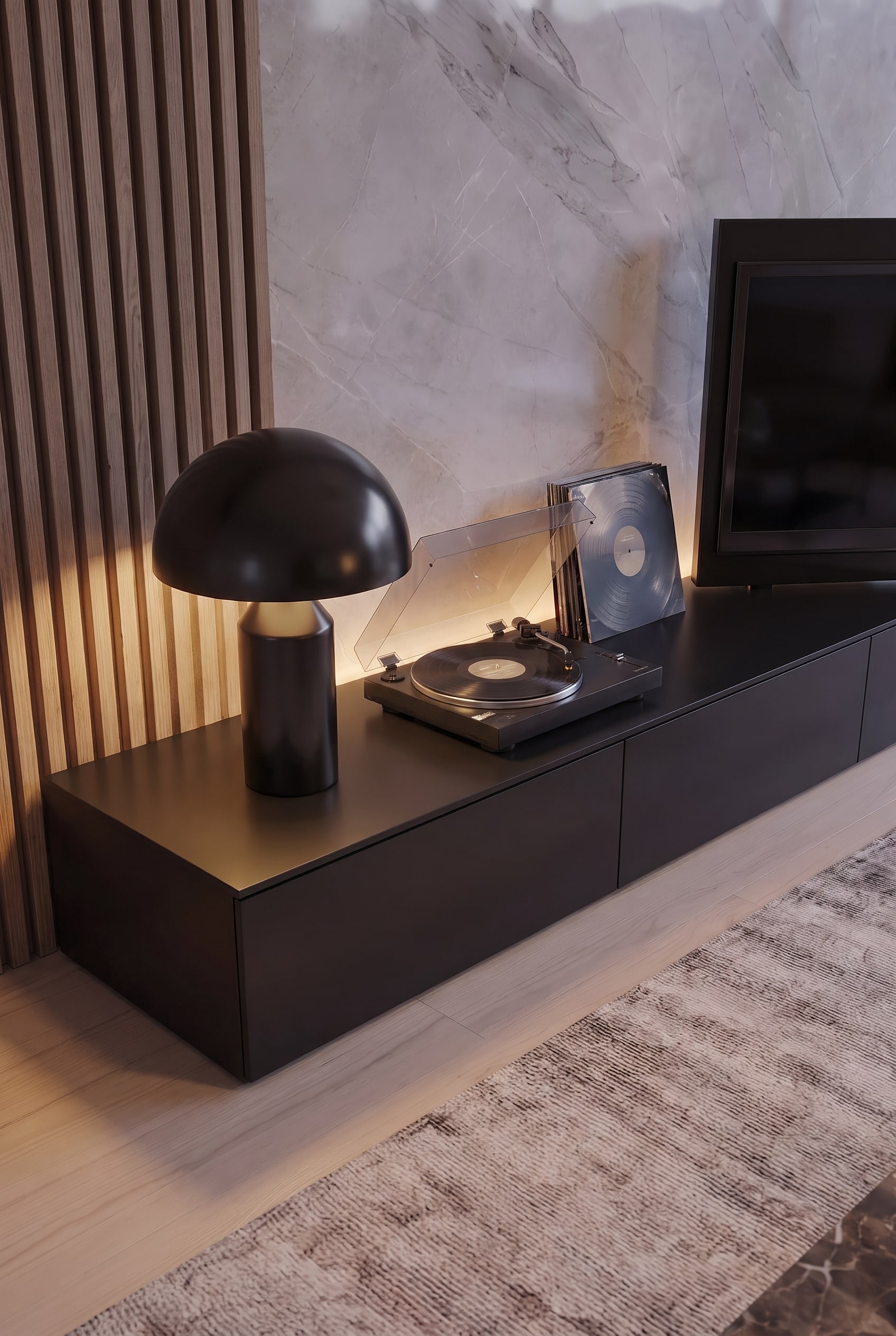 Vue d&eacute;taill&eacute;e d'un meuble bas noir avec platine vinyle, lampe champignon et panneau acoustique vertical en bois.