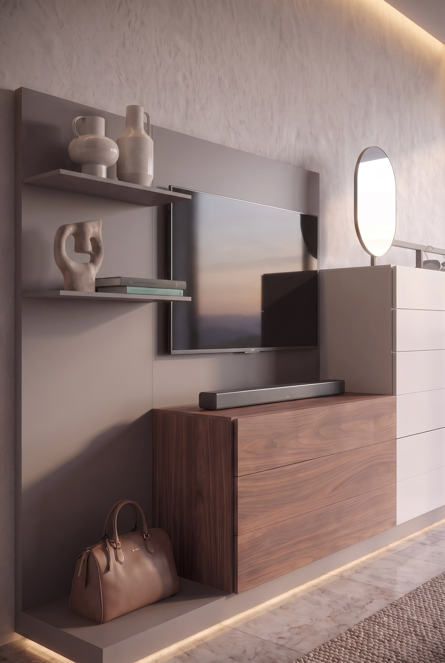 Detailaufnahme eines TV-Paneels mit Soundbar, daneben zwei Regalböden mit dekorativen Vasen und einer Skulptur.