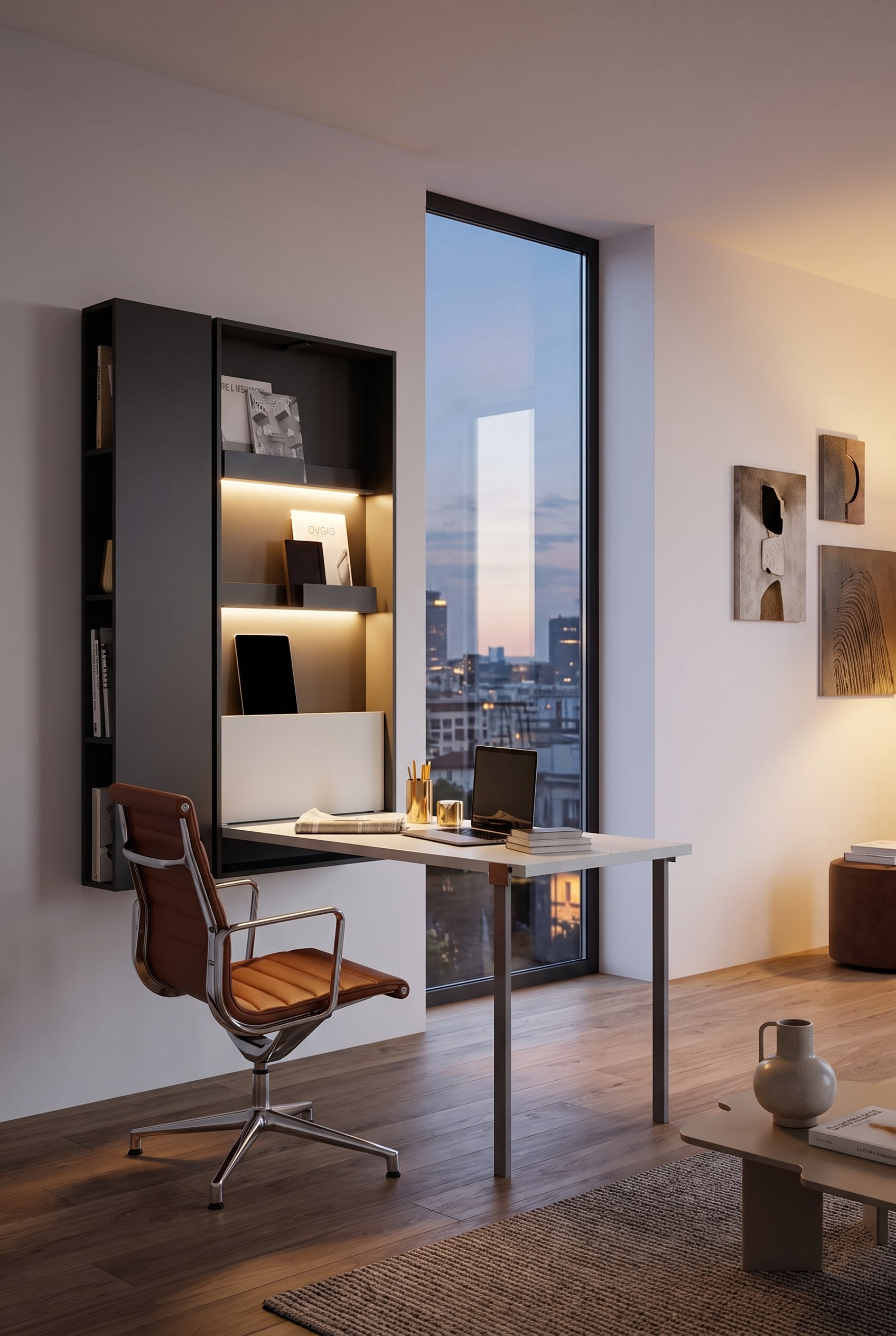 Niche de salon avec une table murale pliante blanche d&eacute;pli&eacute;e, sur laquelle se trouve un ordinateur portable, accompagn&eacute;e d'un tabouret
