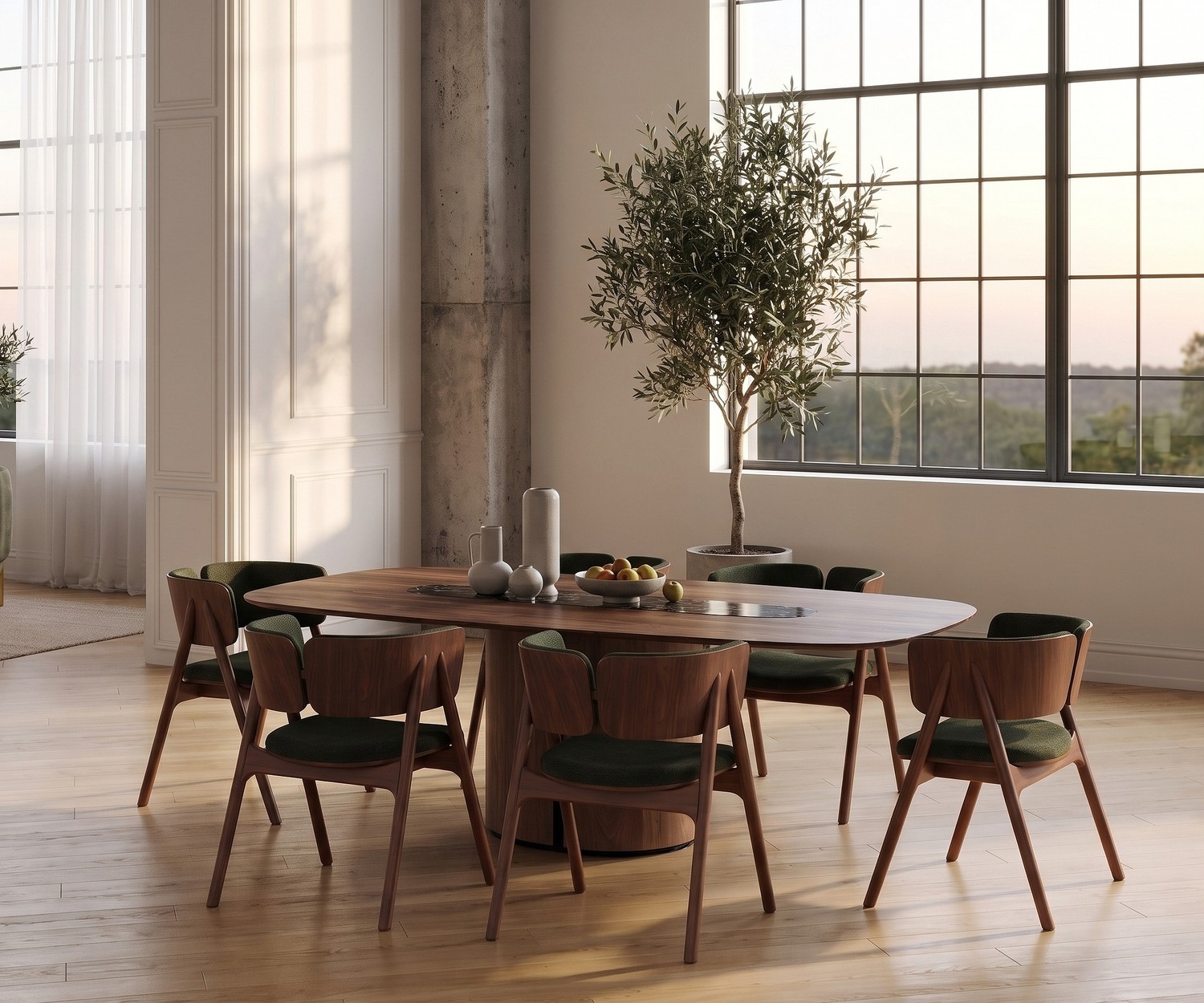 Ovaler Design Esstisch al2 el-it c 001 mit Holzsockel Design Esstisch al2 el-it c 001 mit ovaler Keramikplatte und Holzsockel in einem modernen, hellen Esszimmer.