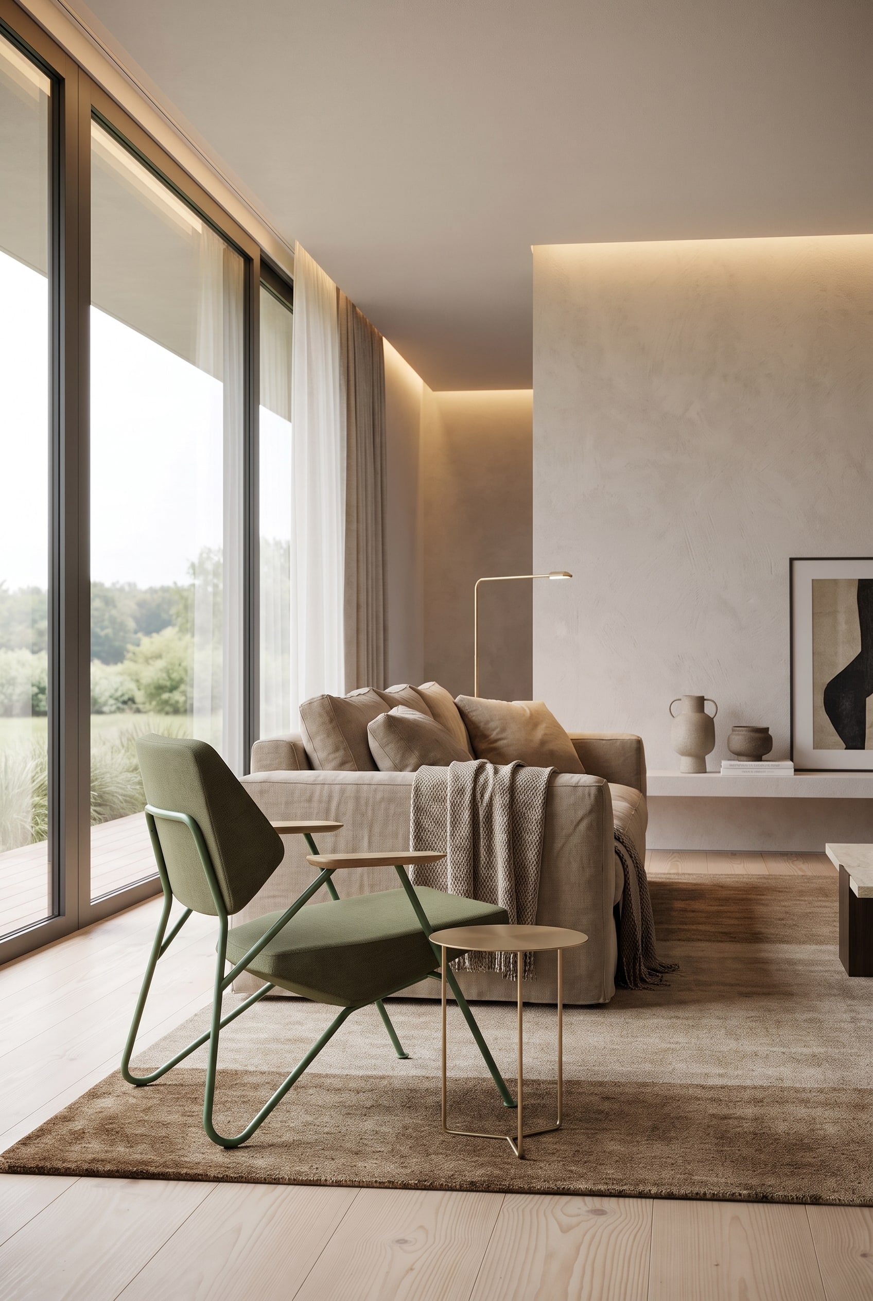 Le fauteuil g&eacute;om&eacute;trique Prostoria Polygon plac&eacute; comme un accent &eacute;l&eacute;gant dans un espace de vie moderne et multicouche.