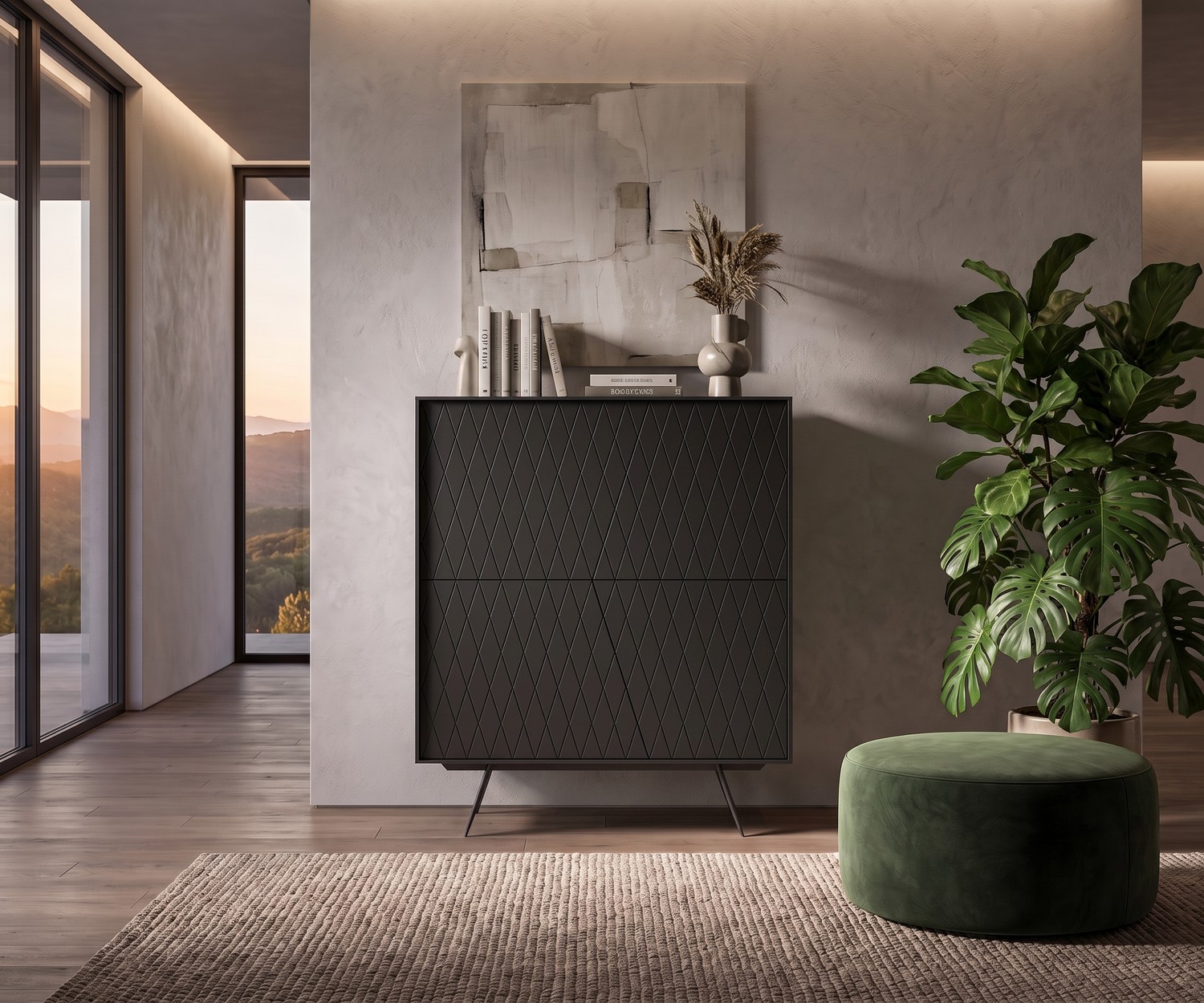 Buffet haut al2 e-klipse 009 pour chambre, meuble de rangement blanc mat avec portes à motif de losanges.