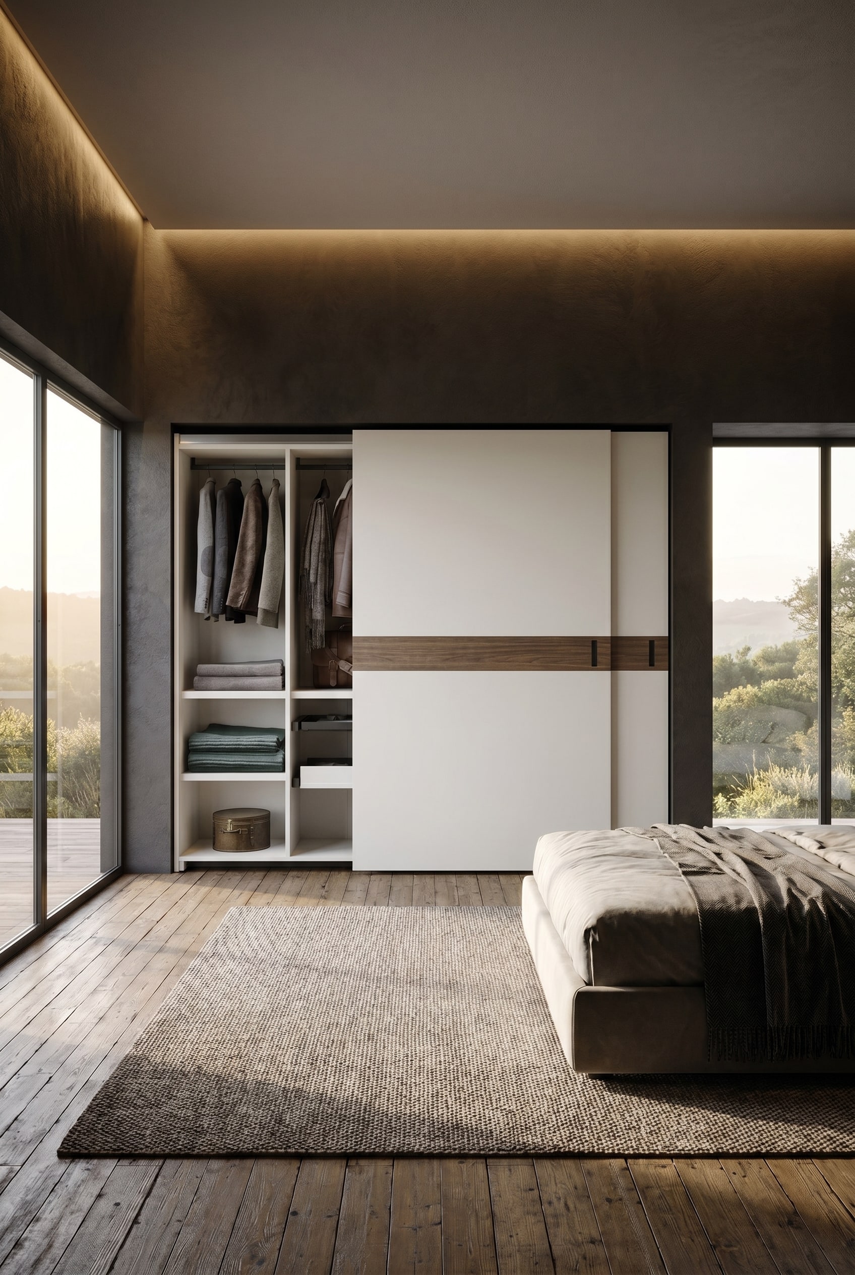 Helles Schlafzimmer mit einem gro&szlig;en wei&szlig;en Kleiderschrank mit Schiebet&uuml;ren, der eine horizontale Holzeinlage besitzt, auf rustikalem Dielenboden