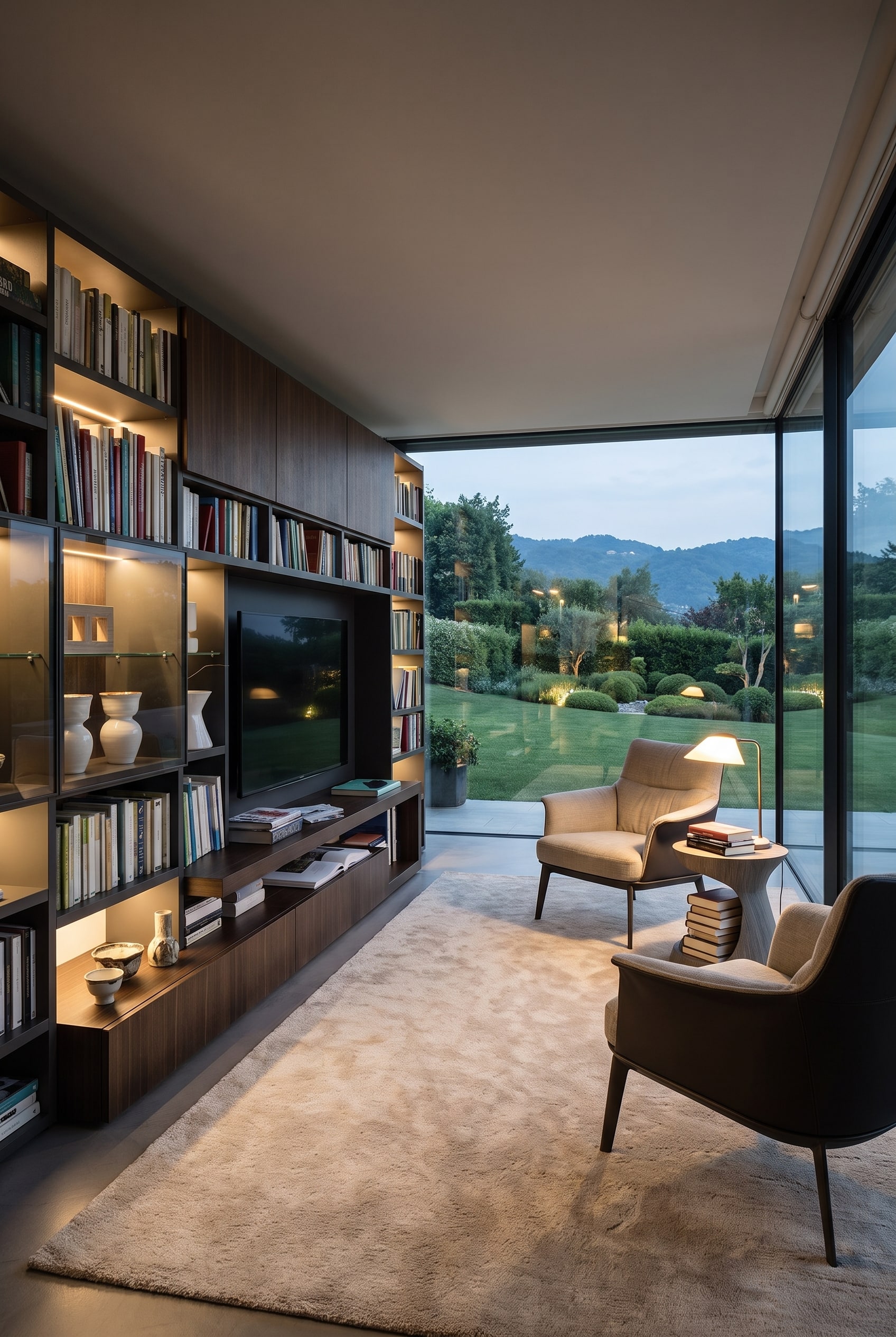 Bibliothèque privée à domicile avec une grande étagère à livres sombre, des livres empilés et un fauteuil de lecture gris