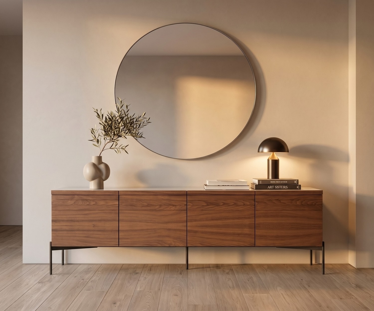 Buffet design en bois al2 o-rizon 003 pour le salon, offrant du rangement sous un grand miroir rond de style moderne.