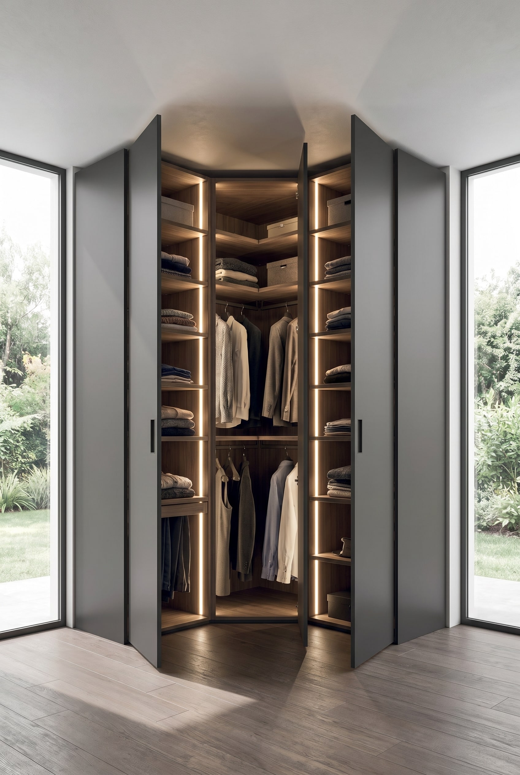 Armoire d'angle de haute qualit&eacute; avec portes pliantes ouvertes, montrant un am&eacute;nagement int&eacute;rieur structur&eacute; avec pr&eacute;cision et un &eacute;clairage LED int&eacute;gr&eacute;.