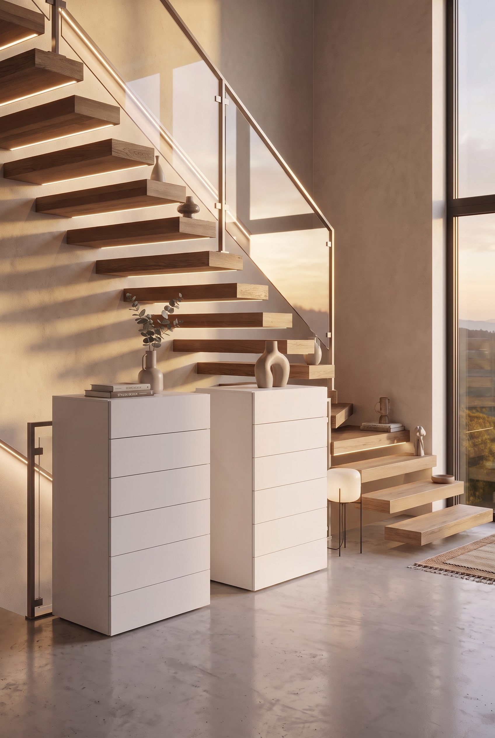 Une commode haute minimaliste et élégante placée dans une niche d'escalier moderne pour un rangement maximal.