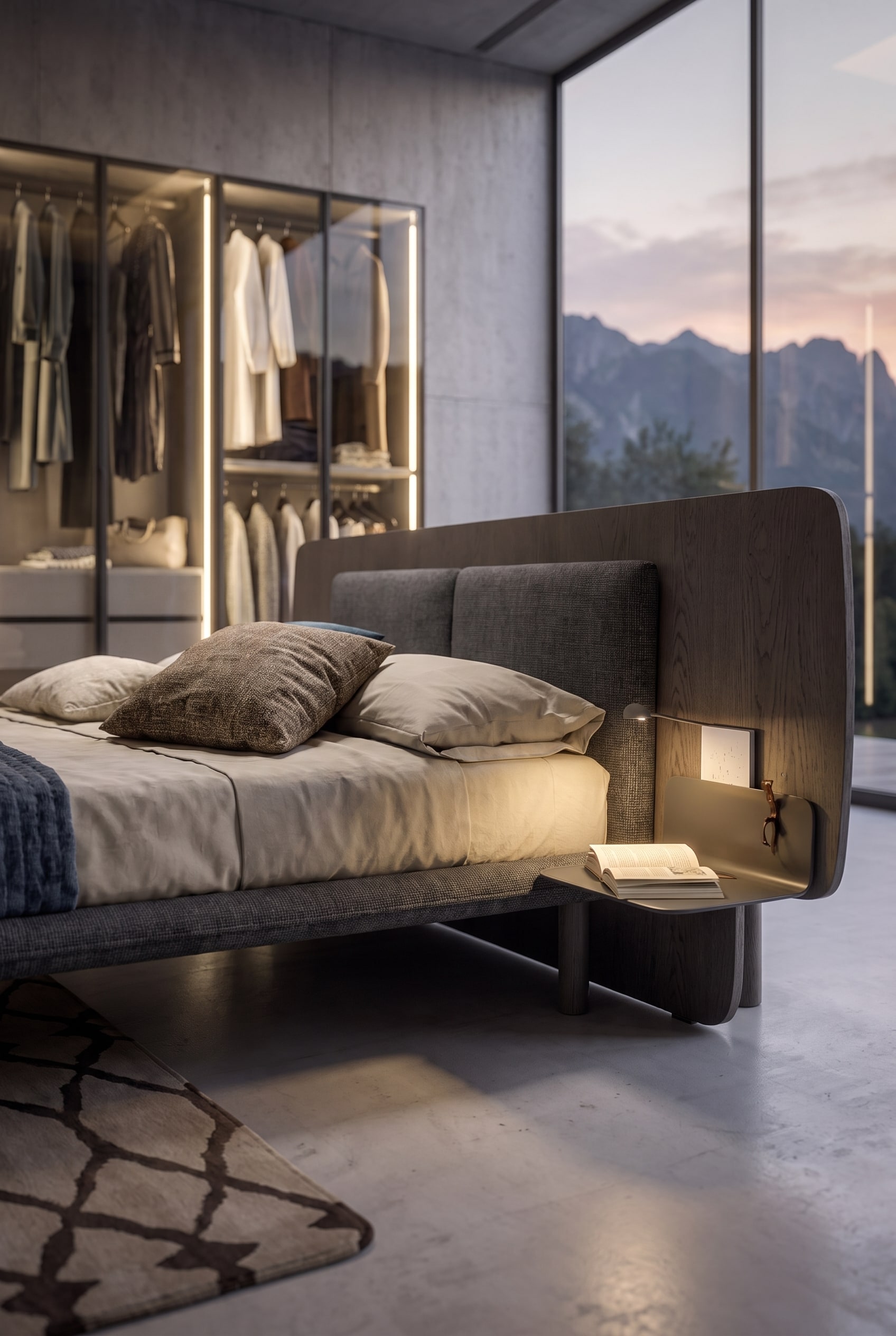 Lit avec une t&ecirc;te de lit en bois imposante et une table de chevet int&eacute;gr&eacute;e, en arri&egrave;re-plan une armoire en verre floue.