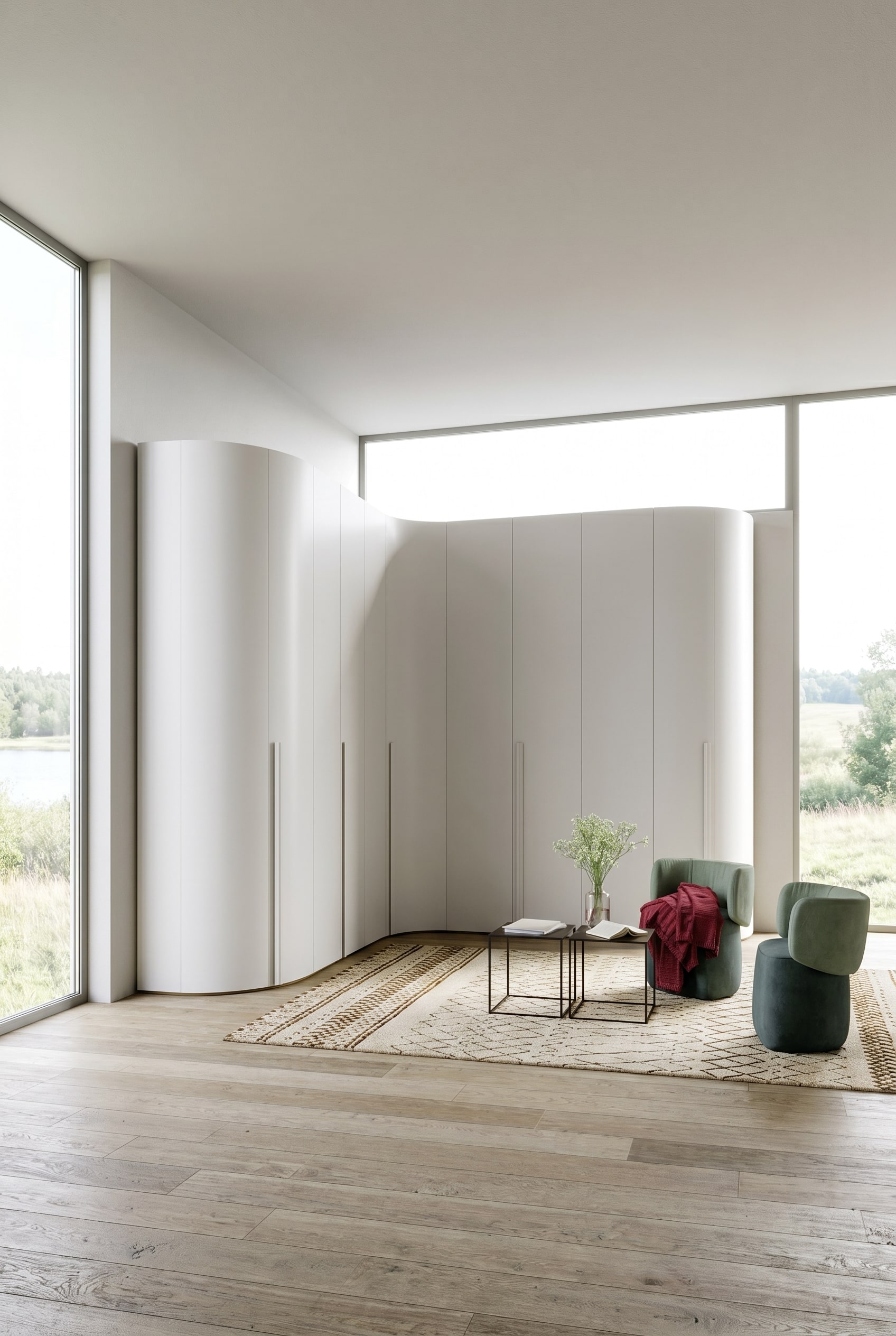 Armoire d'angle blanche minimaliste avec module de finition incurvé dans une chambre moderne avec des fenêtres du sol au plafond Armoire d'angle blanche minimaliste avec module de finition incurvé dans une chambre moderne avec des fenêtres du sol au plafond