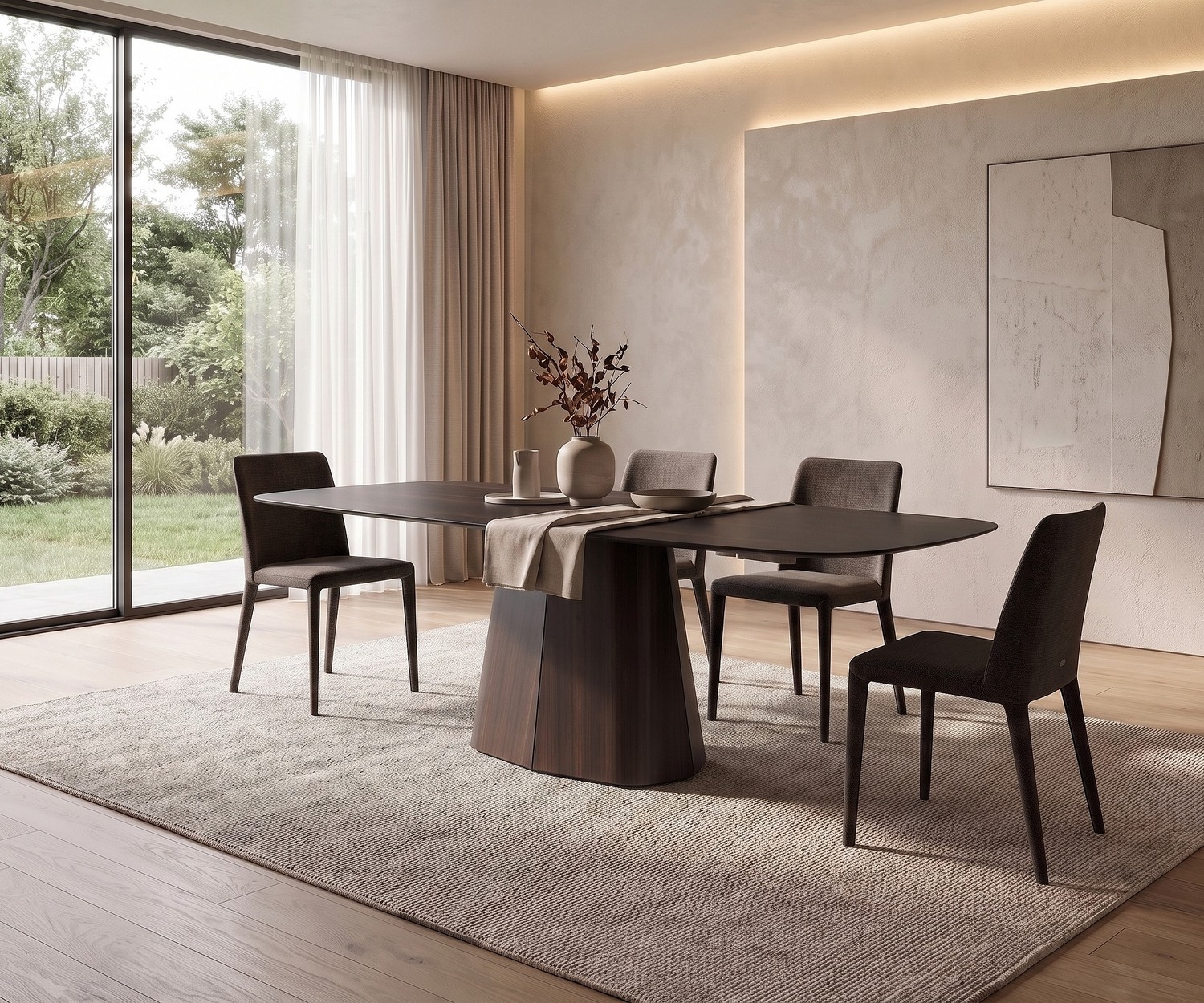 al2 tessera 001 Design Esstisch oval al2 tessera 001 Esstisch für stilvolles Essen im modernen Esszimmer, ovaler Design-Tisch aus dunklem Holz.