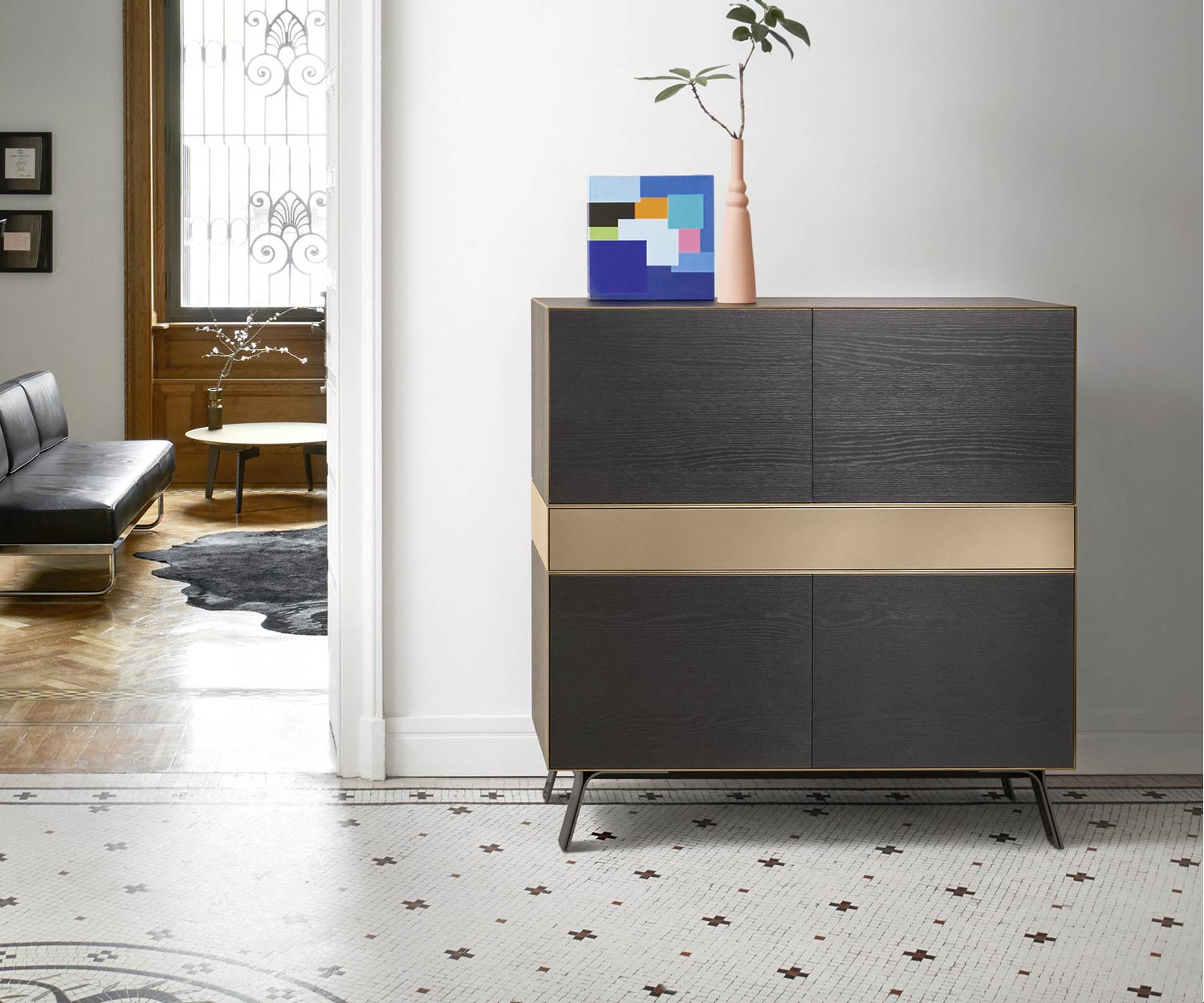 Modernes Designer Highboard Minimal von Livitalia offenes Fach Farbe Gold Modernes Designer Highboard Minimal von Livitalia offenes Fach Farbe Gold