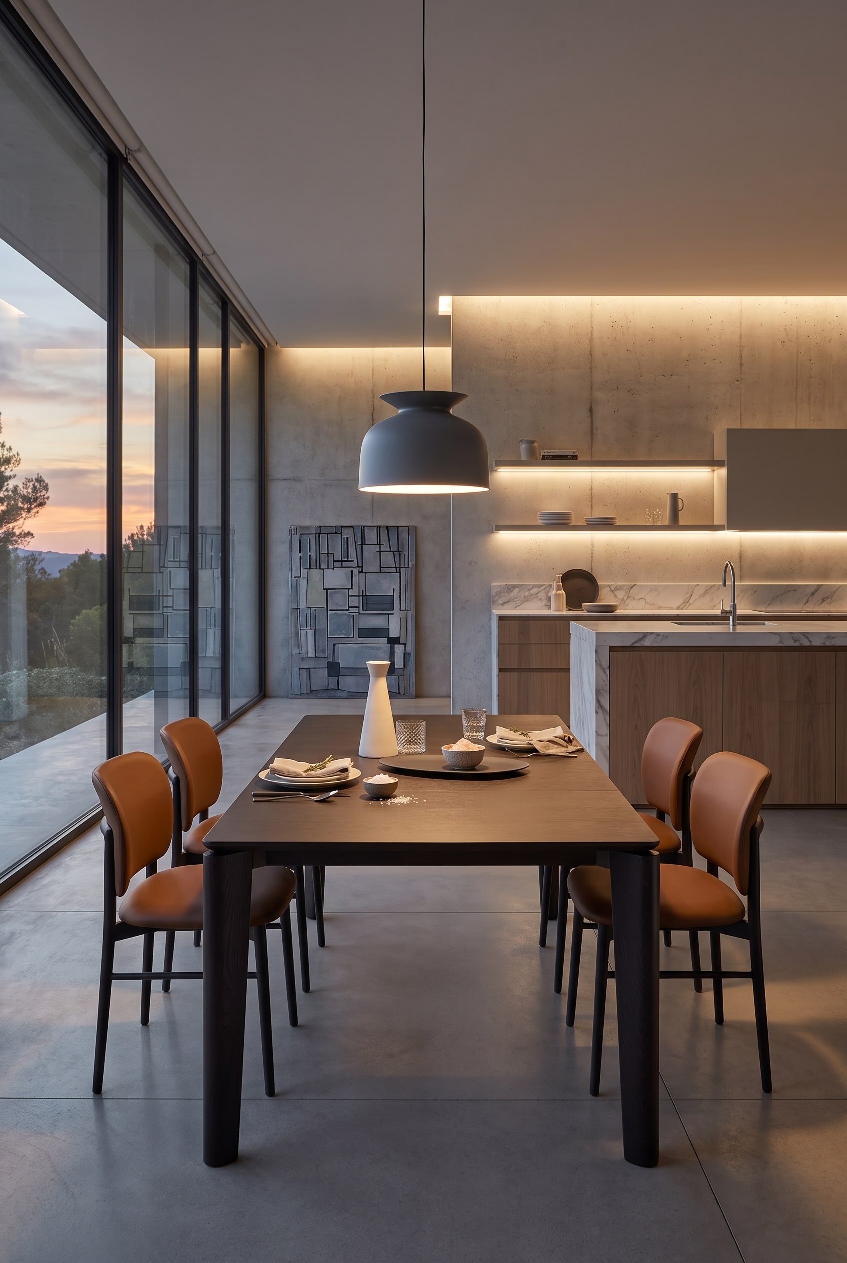 Table &agrave; manger extensible fonc&eacute;e avec chaises marron dans un espace g&eacute;n&eacute;reux