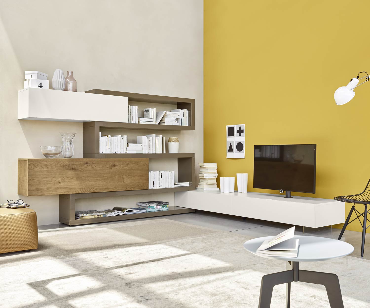 Exklusive Livitalia Design Eckwohnwand C29A mit Design Lowboard in Beige Matt lackiert Exklusive Livitalia Design Eckwohnwand C29A mit Design Lowboard in Beige Matt lackiert