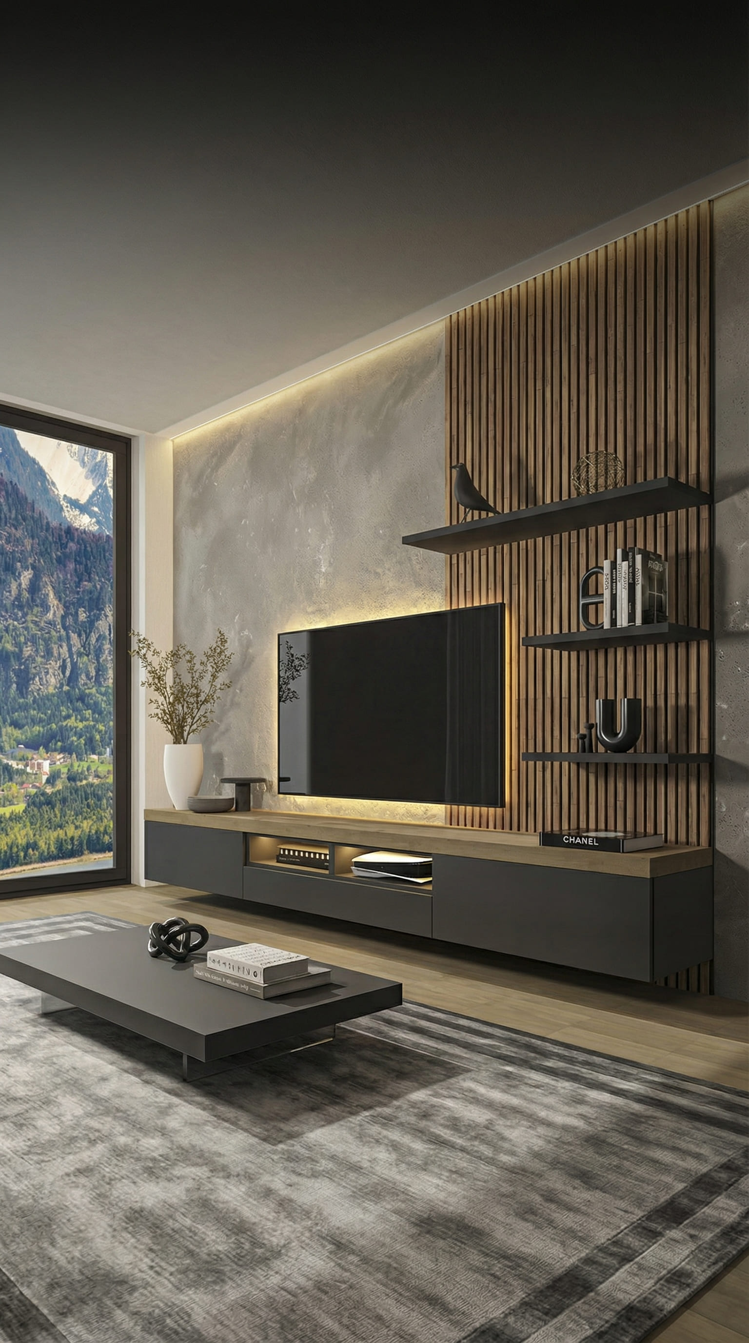 Meuble TV mural moderne avec compartiment ouvert pour console de jeu et éclairage indirect