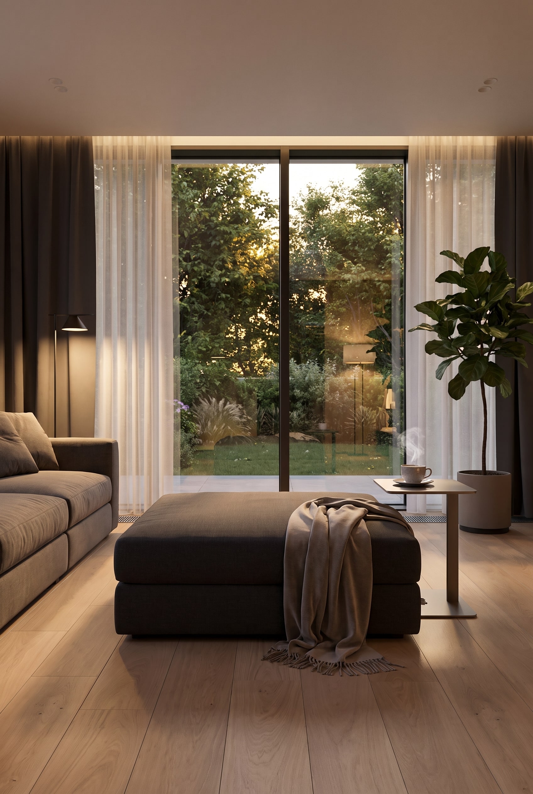 Espace lounge avec un pouf rembourr&eacute; carr&eacute; et puriste en gris fonc&eacute;, plac&eacute; devant une fen&ecirc;tre comme si&egrave;ge flexible.