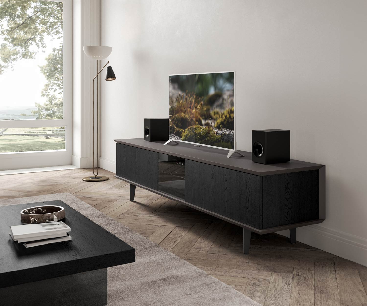 Flaches TV Moebel Lowboard mit Glastuer Eiche Carbone Schwarz Flaches TV Moebel Lowboard mit Glastuer Eiche Carbone Schwarz