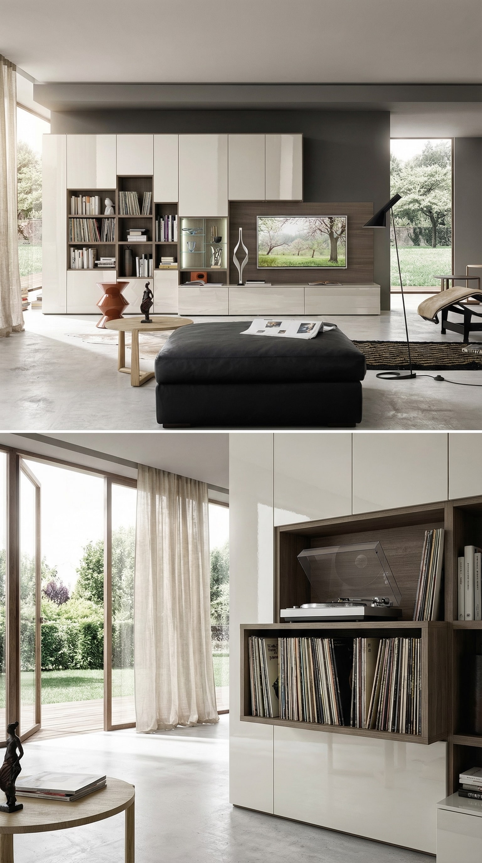 Meuble TV moderne avec platine int&eacute;gr&eacute;e et rangement pour disques vinyles