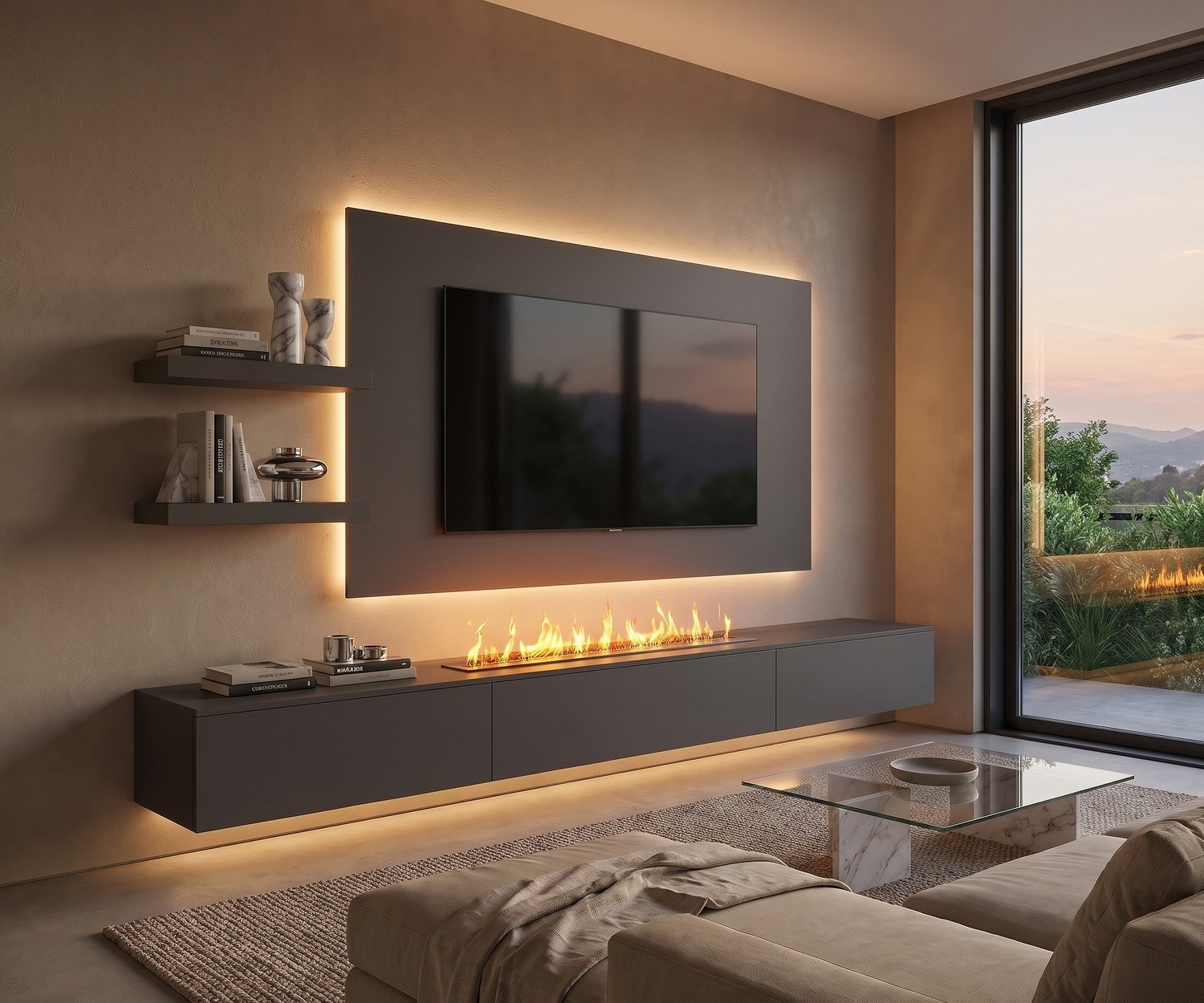 Ensemble mural TV Livitalia C108 avec meuble bas à cheminée et panneau rétroéclairé gris anthracite.