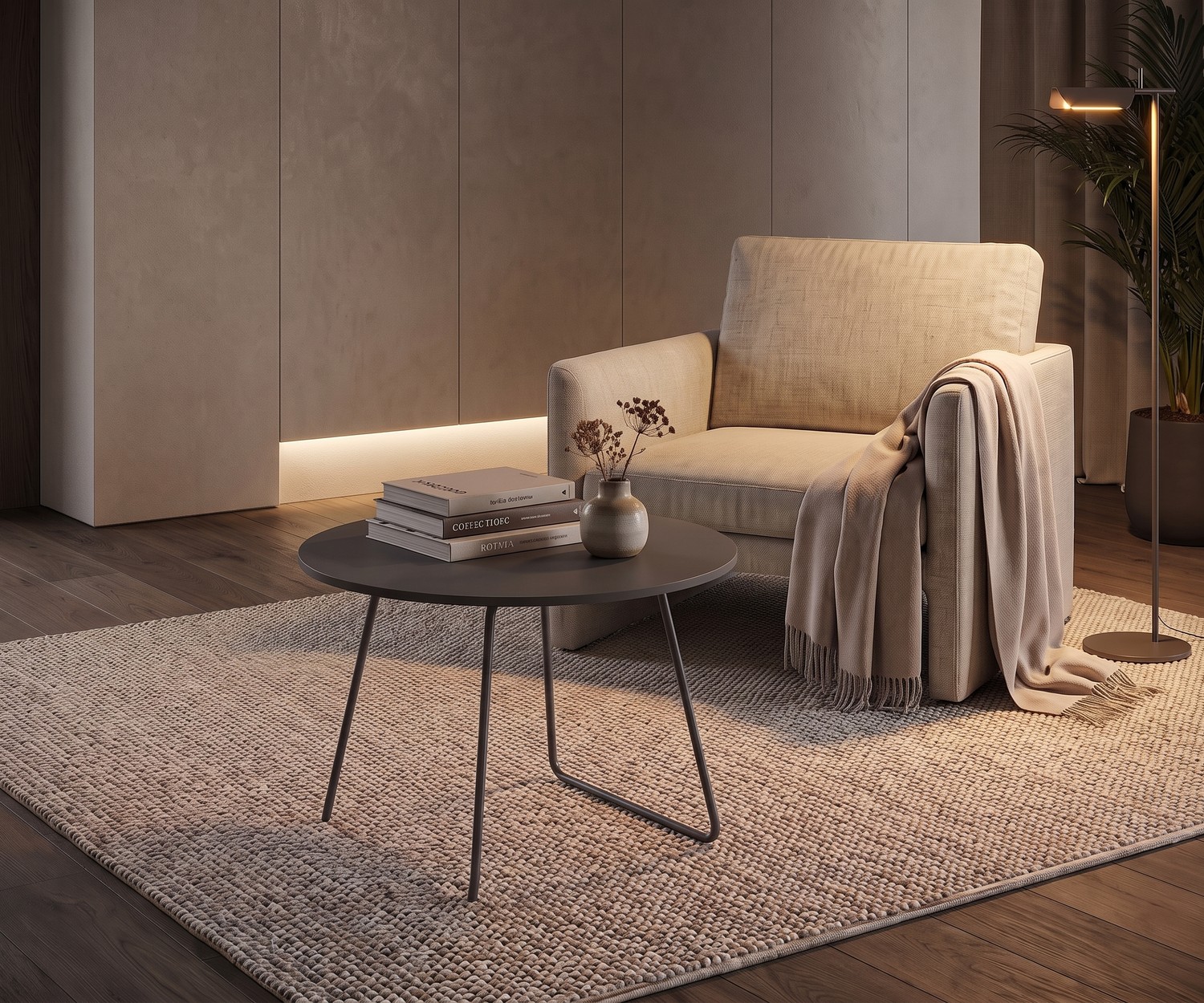Runder Novamobili Couchtisch Orbis Couchtisch Orbis von Novamobili als Beistelltisch im Wohnzimmer neben Sessel, runder dunkler Tisch im modernen Design