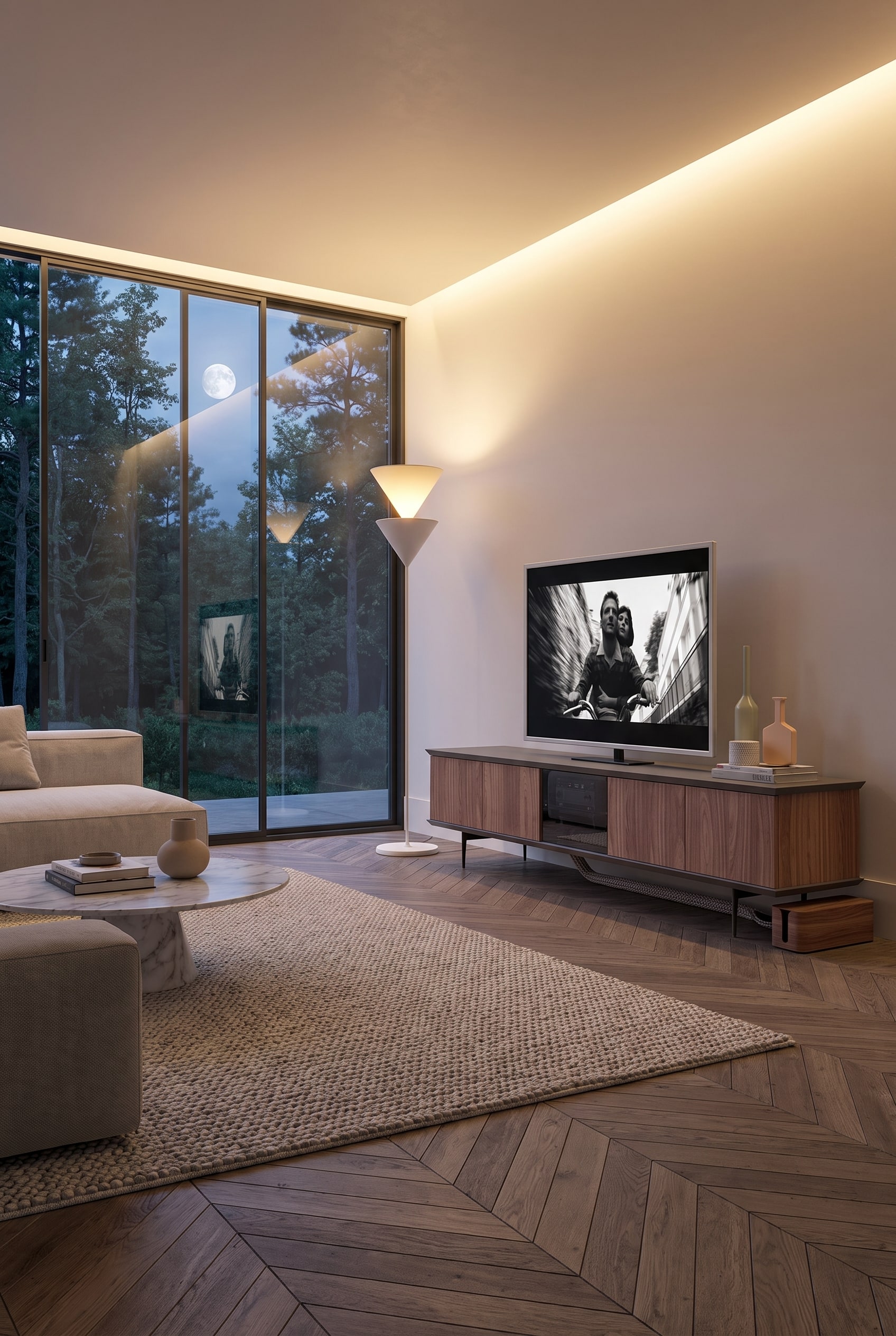 Meuble bas TV média Ozzio Brera dans le salon avec gestion des câbles élégante et invisible