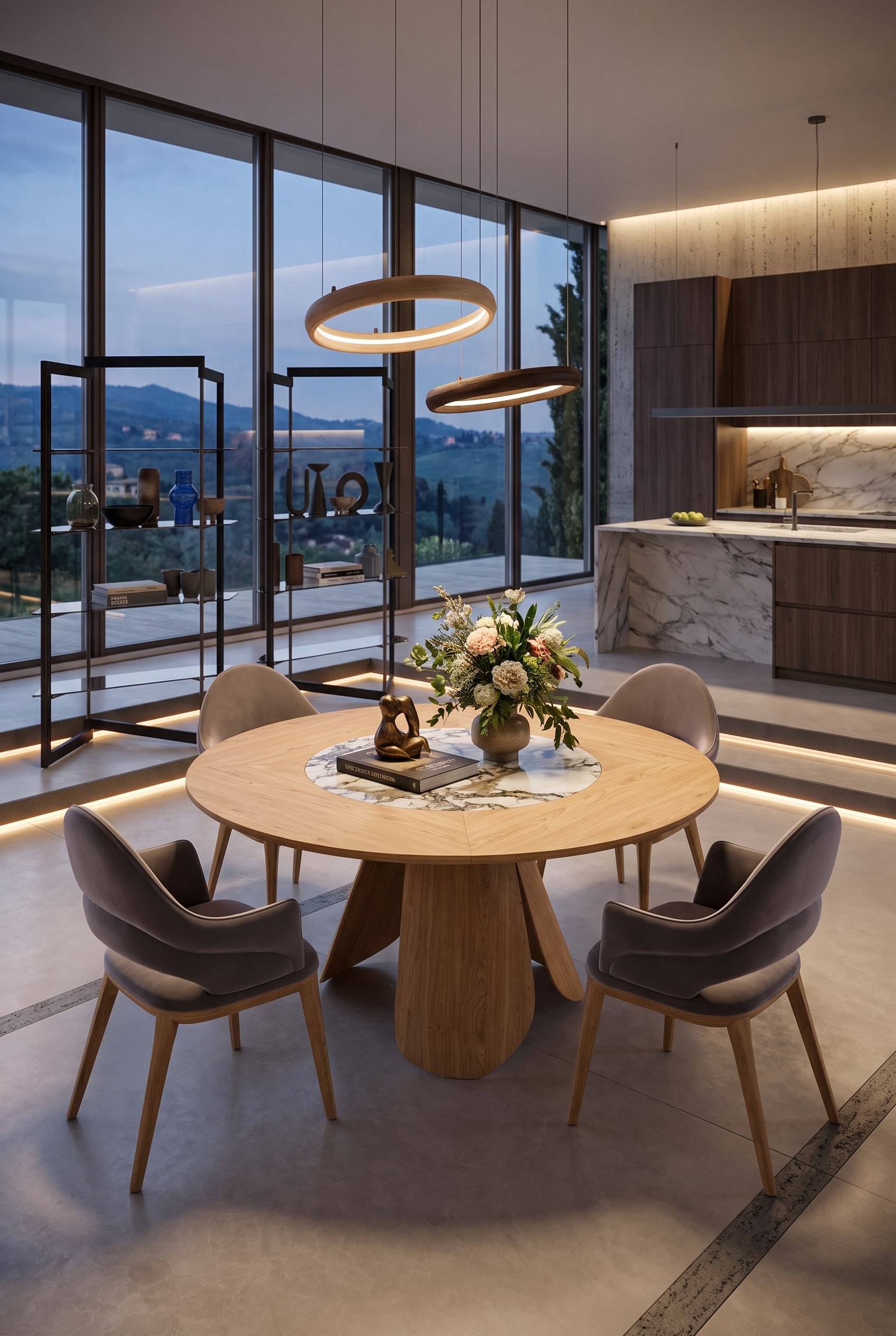 Salle à manger moderne avec une table à manger ronde et un piètement en bois sculptural et torsadé, accompagnée de quatre élégantes chaises en velours