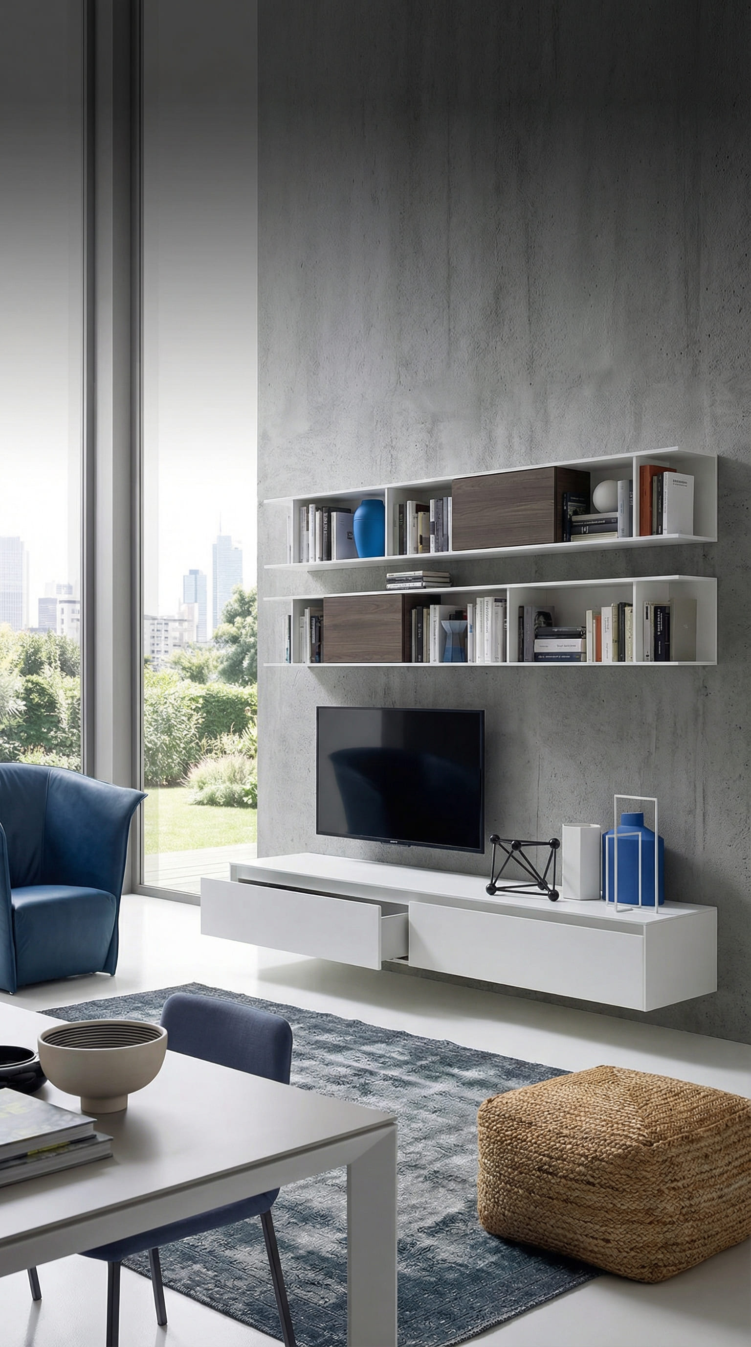 Meuble bas blanc mat avec poign&eacute;e int&eacute;gr&eacute;e en d&eacute;tail