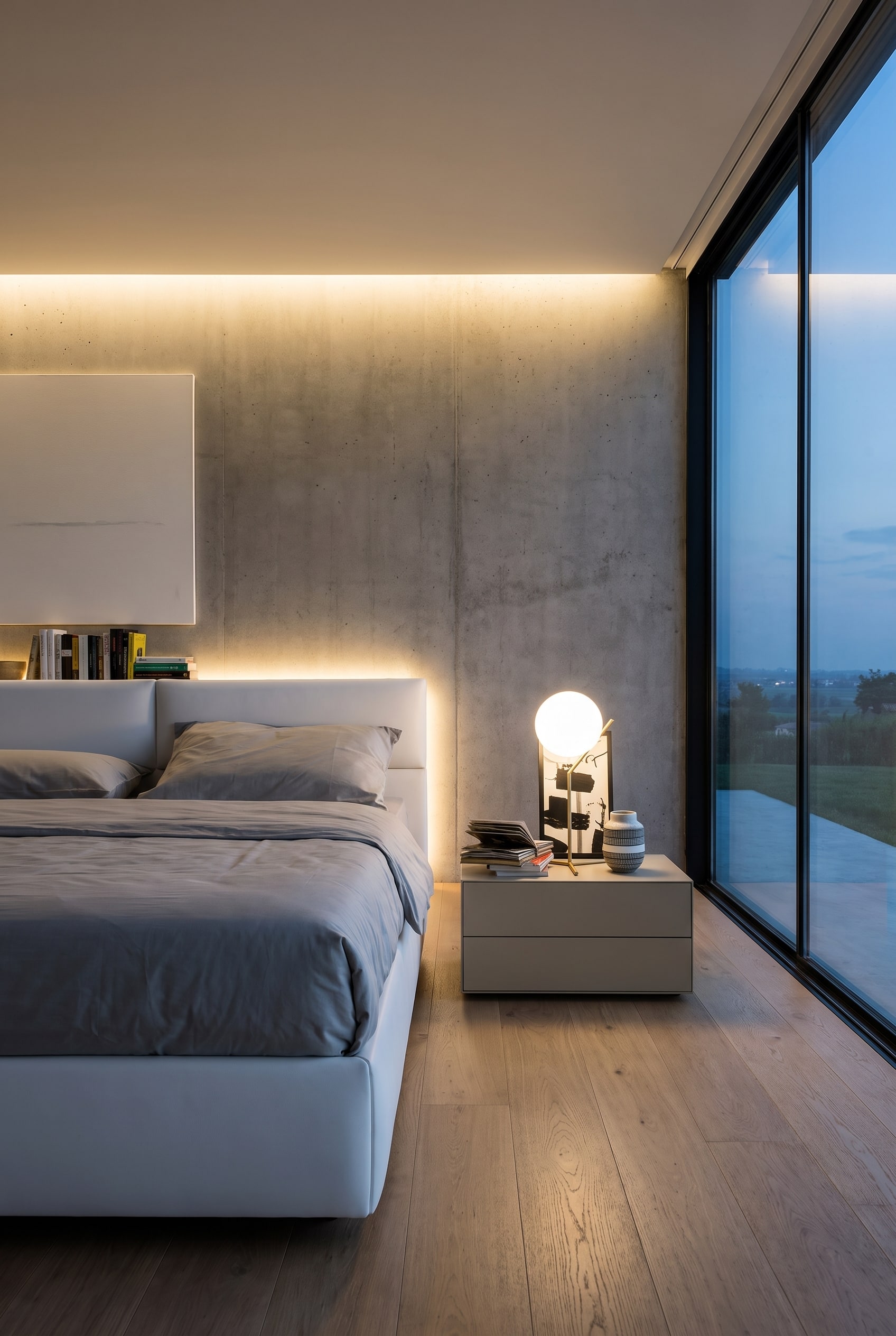 Chambre asymétrique avec une large table de chevet Livitalia Ecletto 2 tiroirs et un éclairage indirect