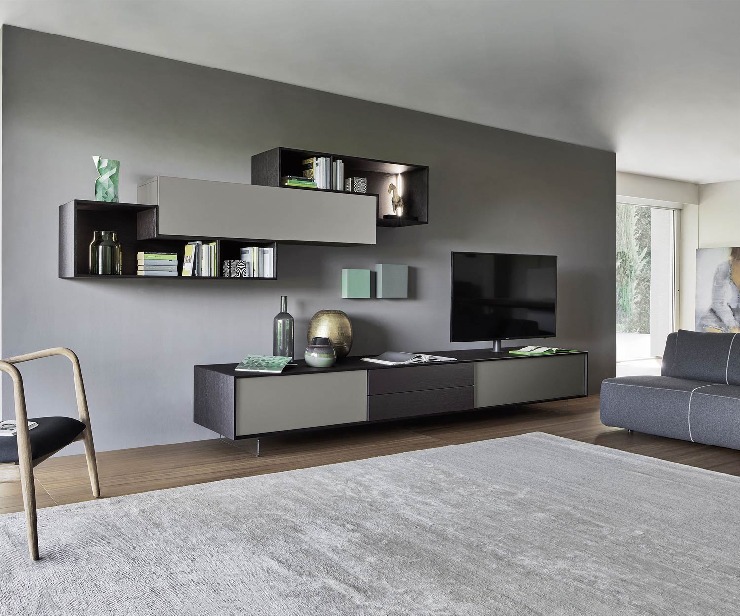 Exclusif Livitalia Meuble-paroi design C18 en gris avec aspect bois TV design Lowboard