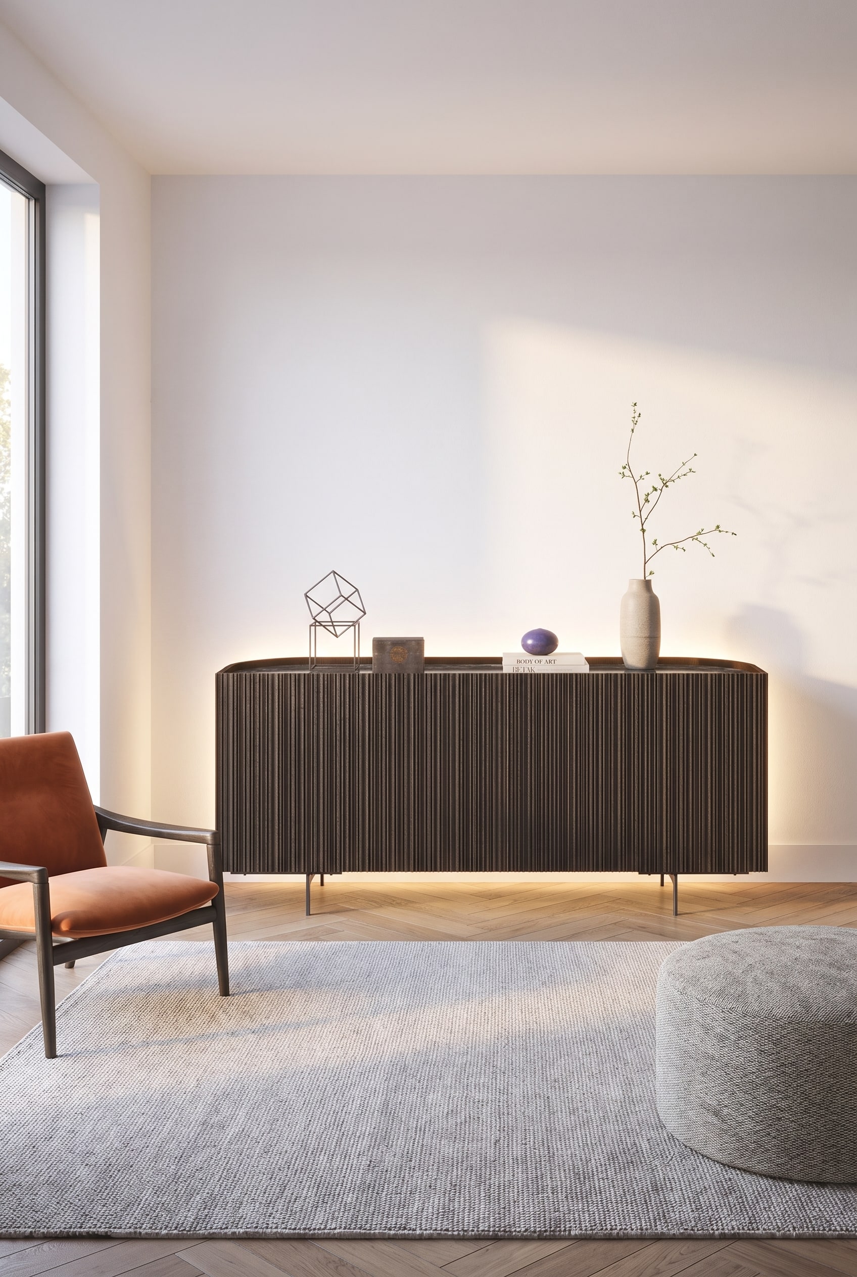 Modernes Wohnzimmer mit dunkelbraunem Novamobili Bay Sideboard mit geriffelter Front und weichen Rundungen