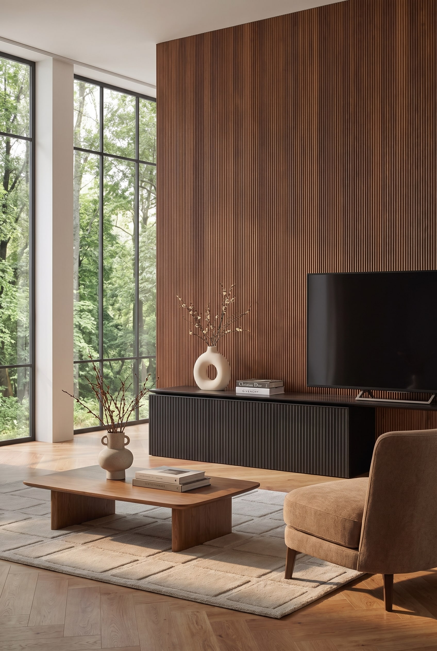 Lichtdurchflutetes Wohnzimmer mit gro&szlig;en Fenstern, Eichenholz-Lamellenwand und einem dazu passenden Eichenholz-Sideboard